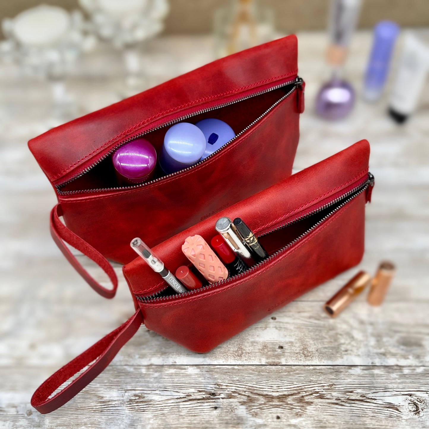 Leather Cosmetic Bag | Cosmetic Pouch | Make Up Purse | Bridesmaid Present | Make Up Pouch | Custom Makeup Bag | Red Make Up Bag |Travel Kit