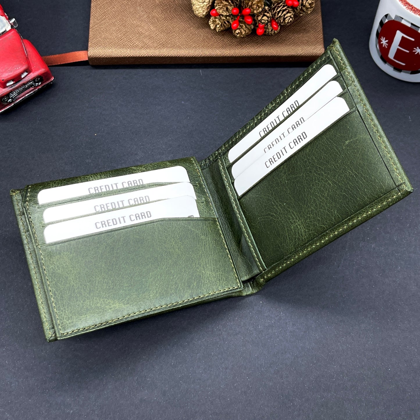 Green Handmade Leather Wallet w/o Coin Pocket