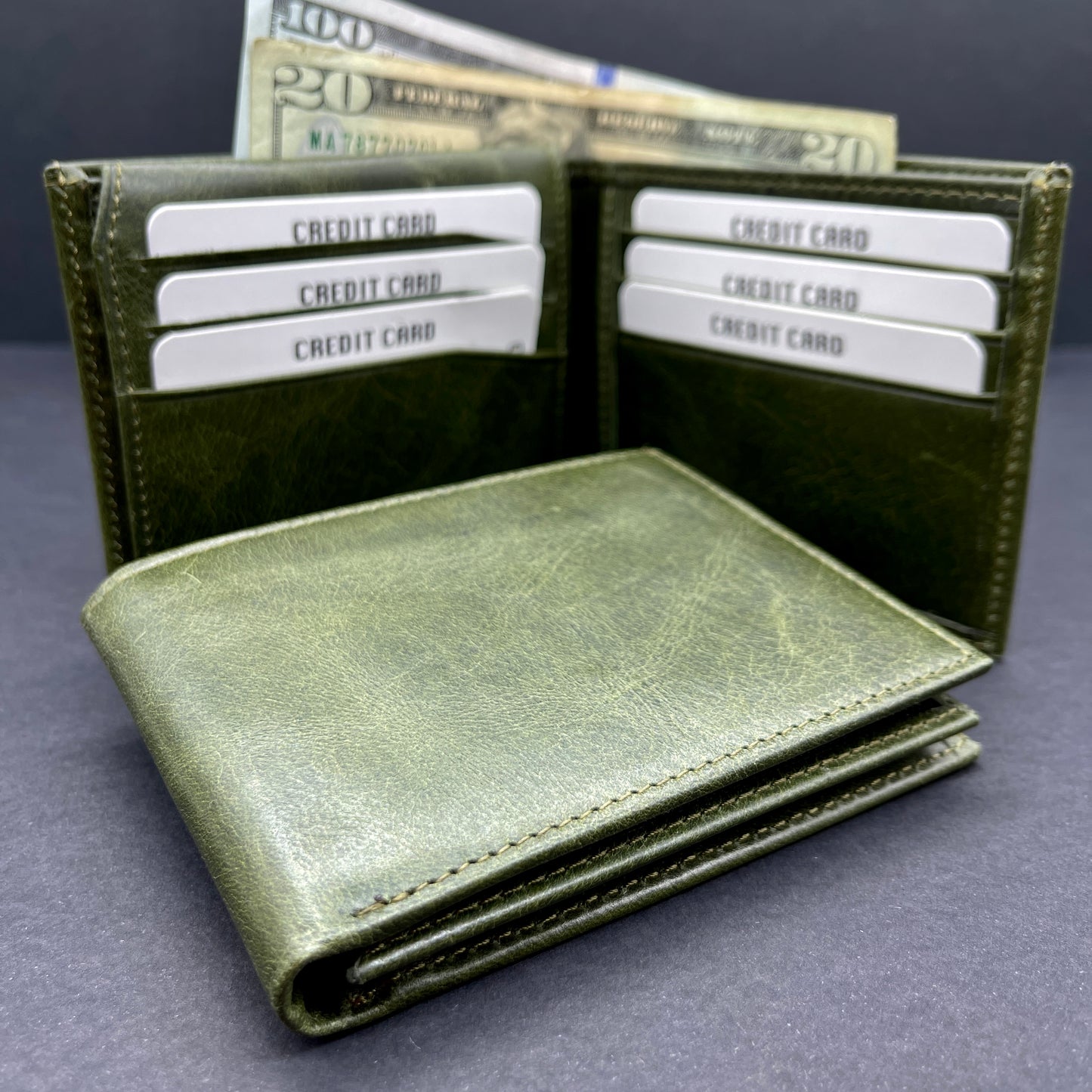 Green Handmade Leather Wallet w/o Coin Pocket