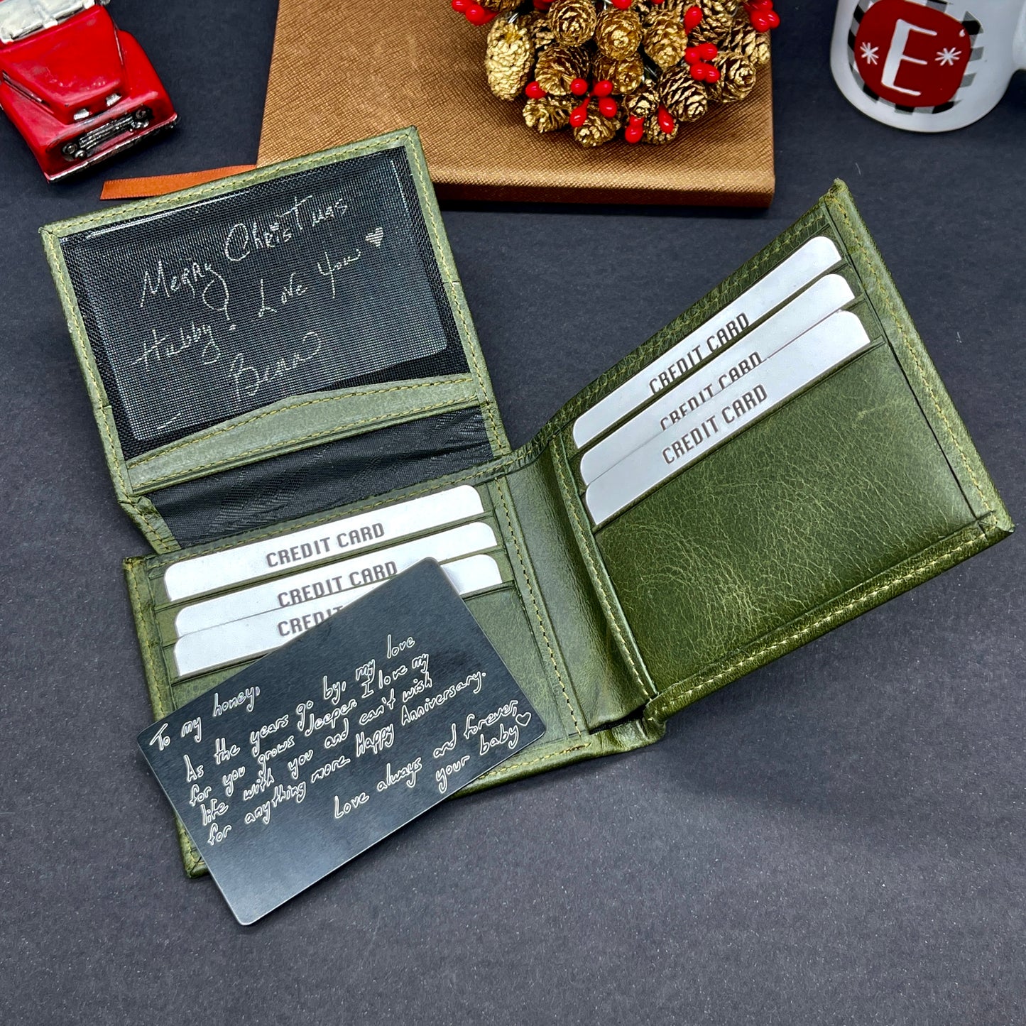 Green Handmade Leather Wallet w/o Coin Pocket
