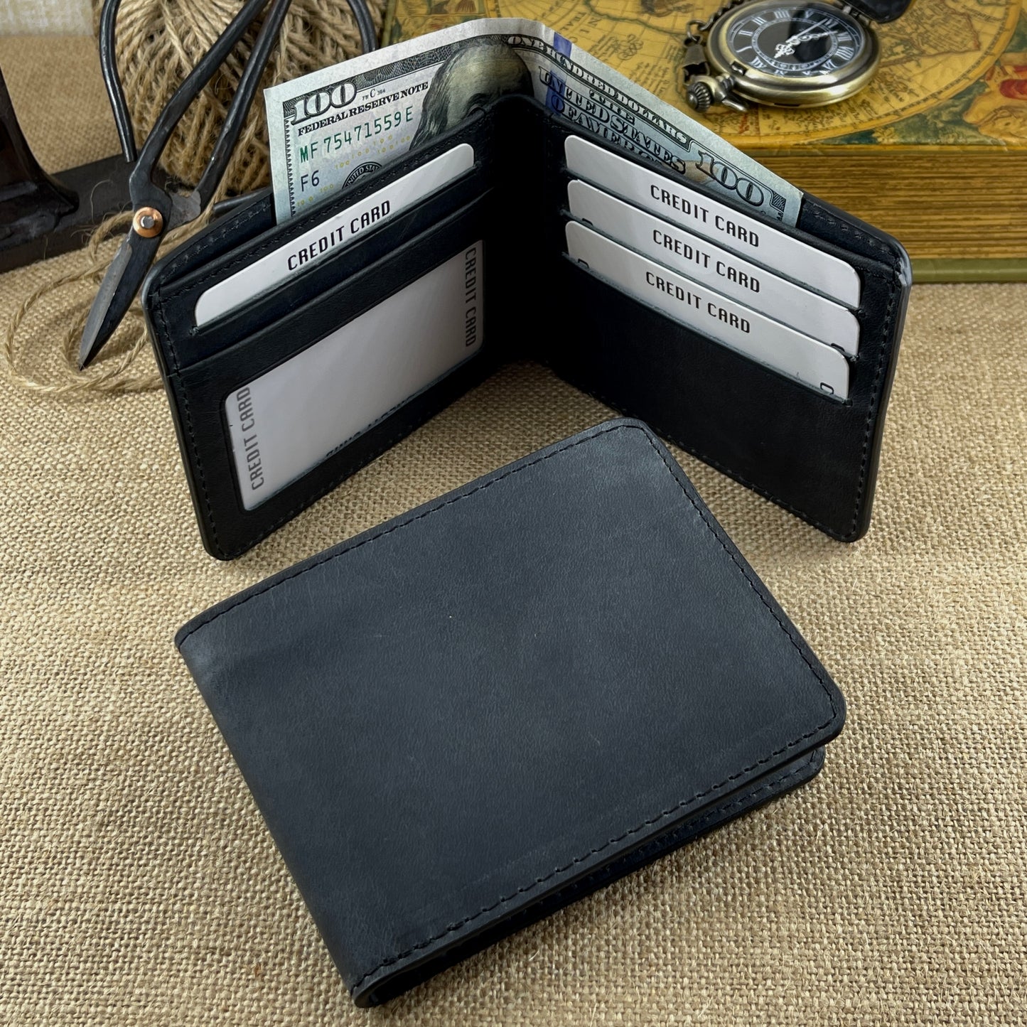 Minimalist Distressed Leather Black Wallet