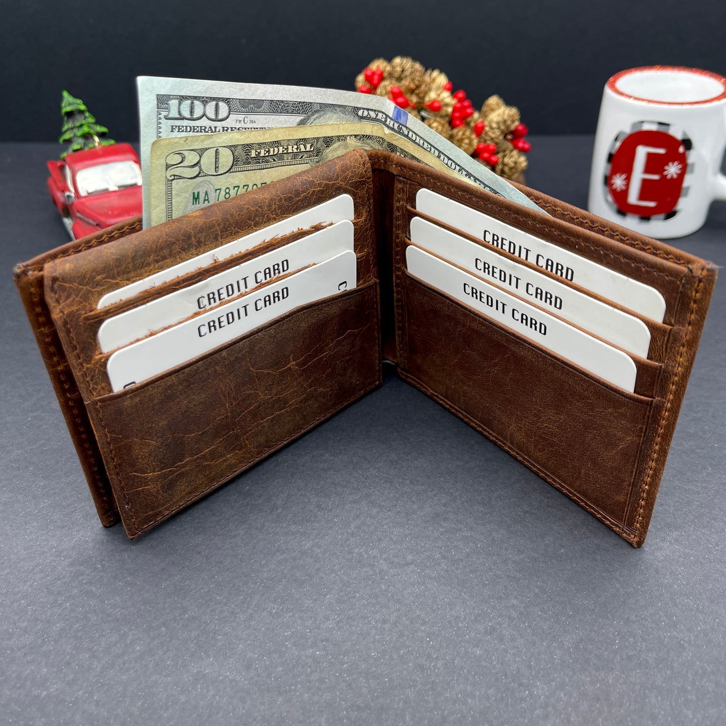 Brown Handmade Leather Wallet w/o Coin Pocket