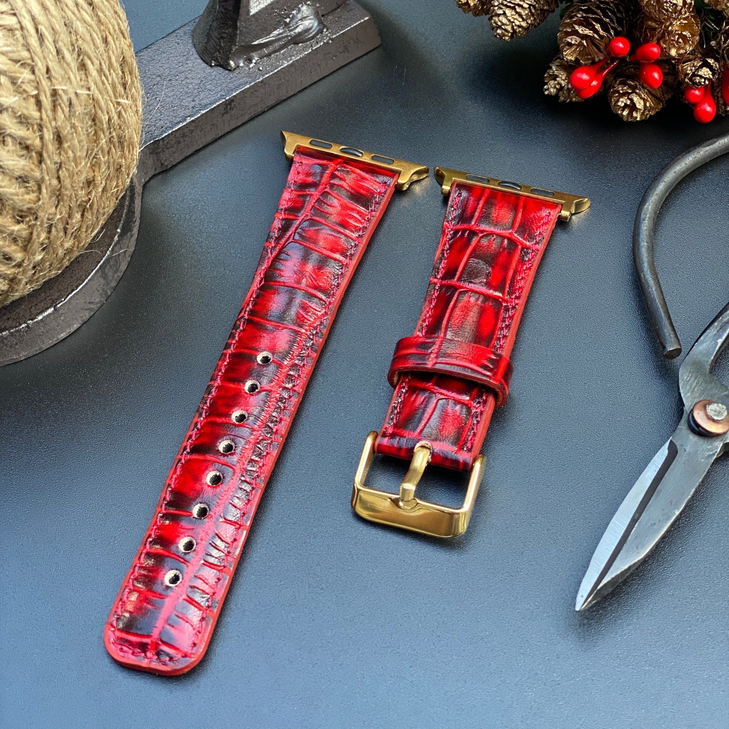 Red Croco Genuine Leather Apple Watch Band 42mm, 38mm, 40mm, 44mm for Series 1-2-3-4-5-6 and SE
