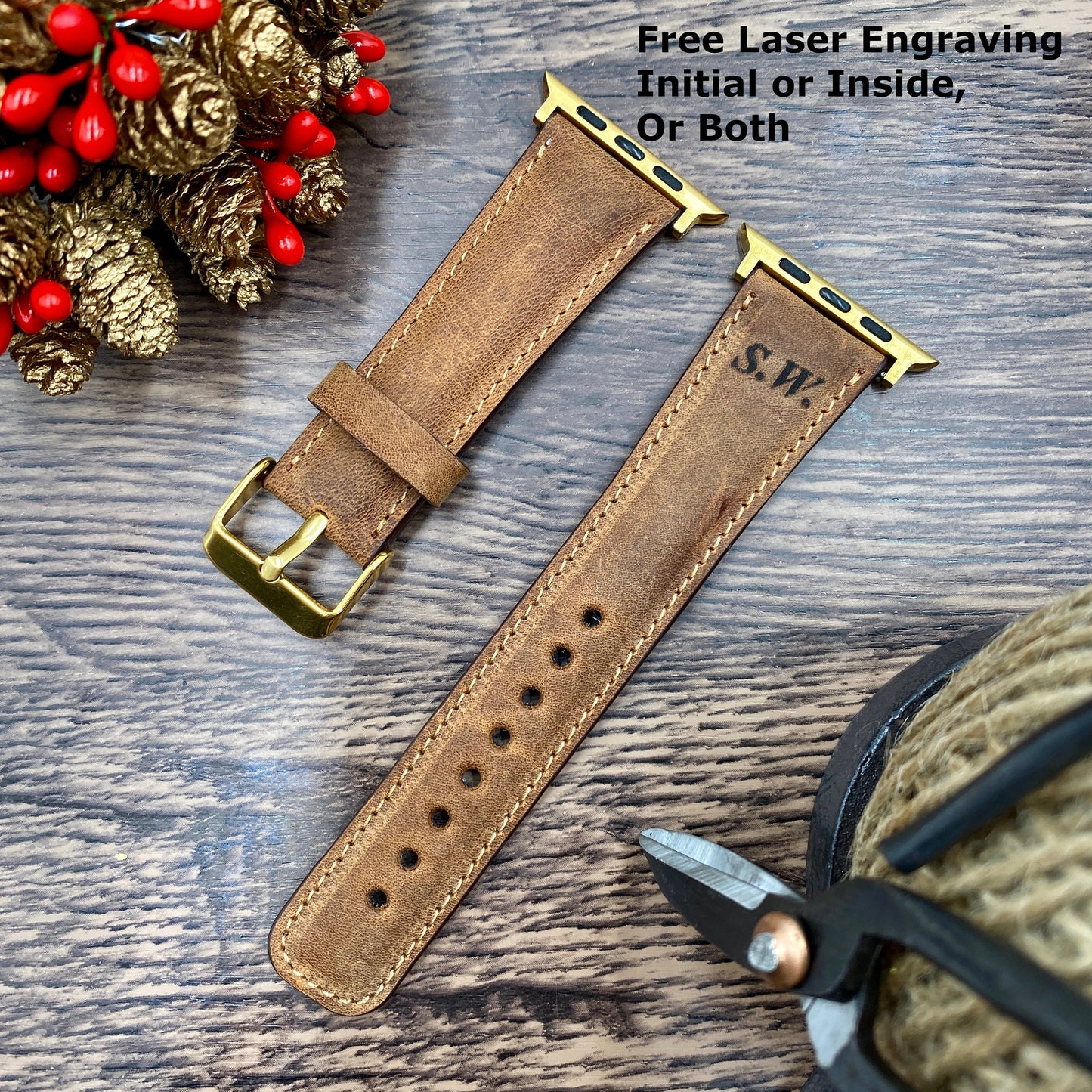 Apple Watch Band, Genuine Leather Watch band, iwatch band, Free Message Engraving, Handmade, 38mm 40mm 42mm 44mm apple watch strap, Brown