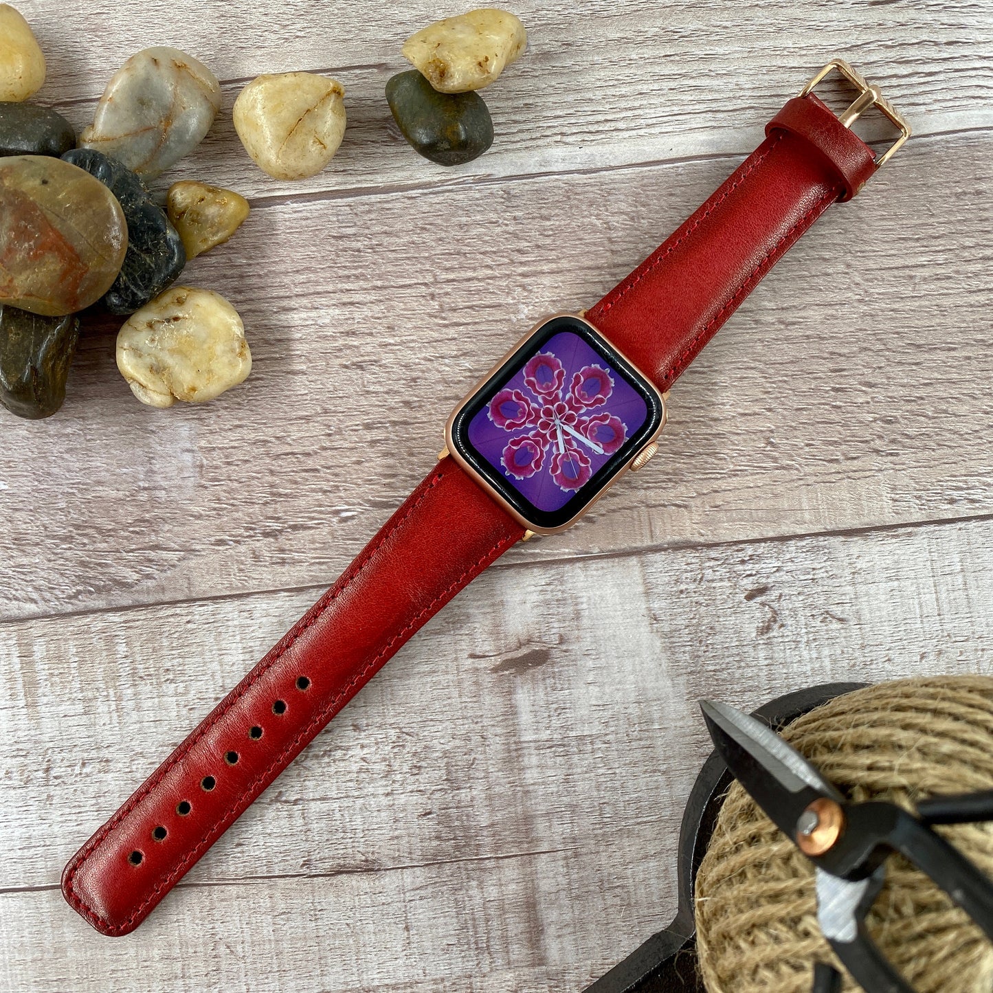 Red Genuine Leather Apple Watch Band 42mm, 38mm, 40mm, 44mm for Series 1-2-3-4-5-6, Red Band for iWatch Series 6-5-4-3-2-1