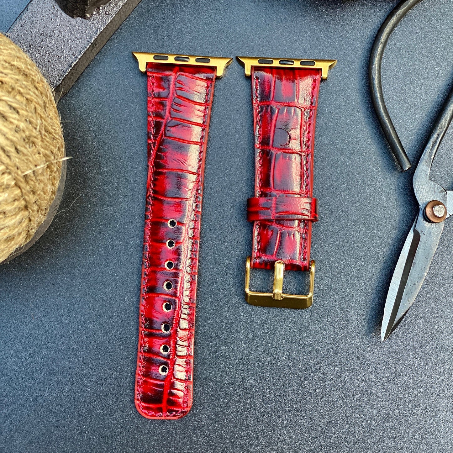 Red Croco Genuine Leather Apple Watch Band 42mm, 38mm, 40mm, 44mm for Series 1-2-3-4-5-6 and SE