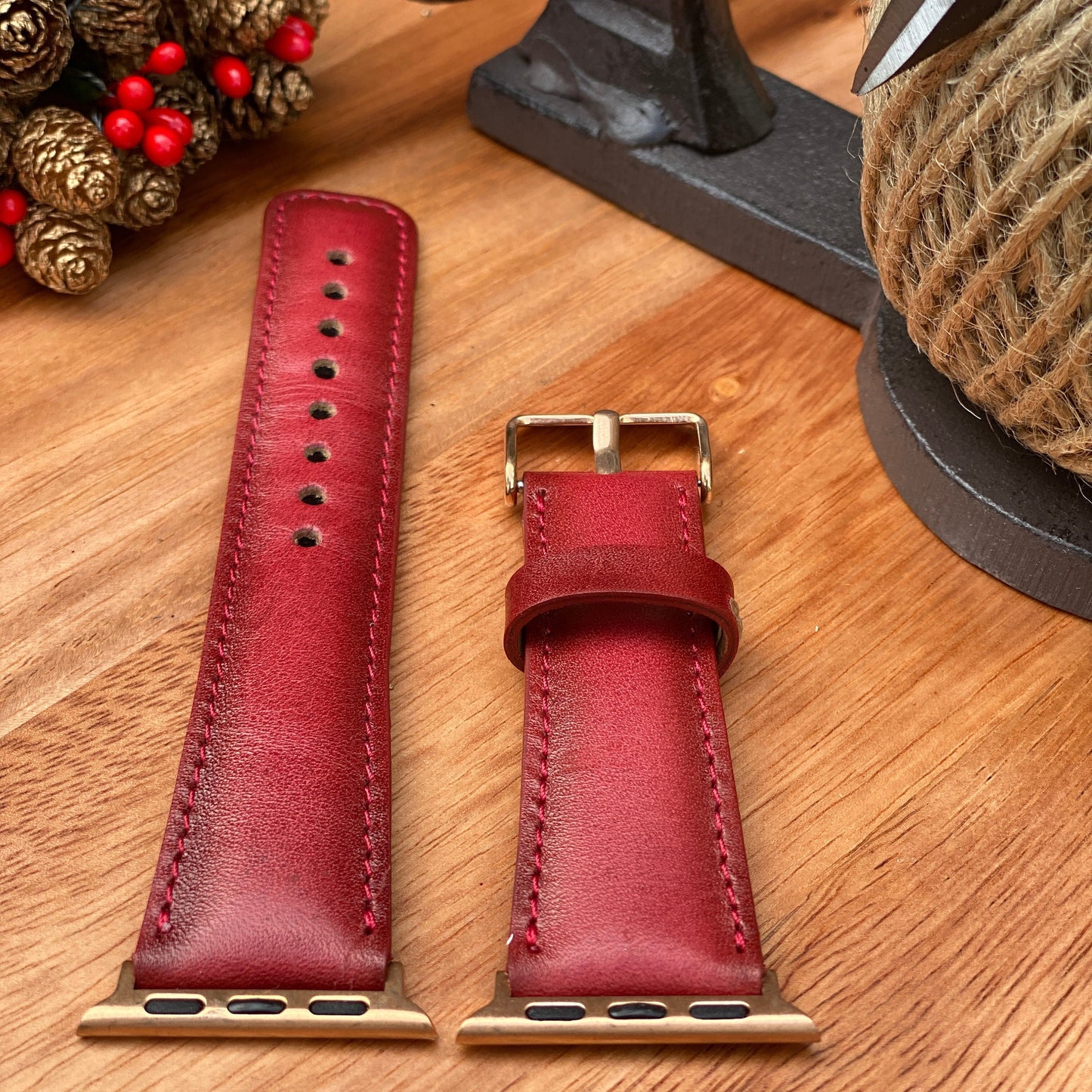 Red Genuine Leather Apple Watch Band 42mm, 38mm, 40mm, 44mm for Series 1-2-3-4-5-6, Red Band for iWatch Series 6-5-4-3-2-1