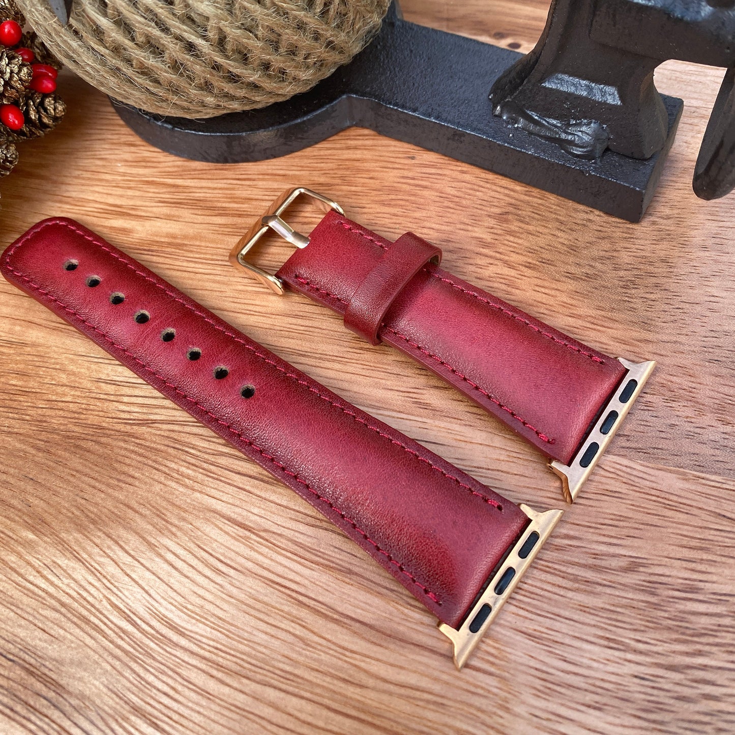 Red Genuine Leather Apple Watch Band 42mm, 38mm, 40mm, 44mm for Series 1-2-3-4-5-6, Red Band for iWatch Series 6-5-4-3-2-1