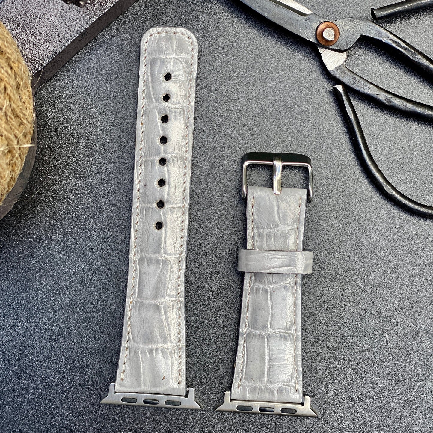 Croco Pattern White Genuine Leather Apple Watch Band 42mm, 38mm, 40mm, 44mm for Series 1-2-3-4-5-6 and SE