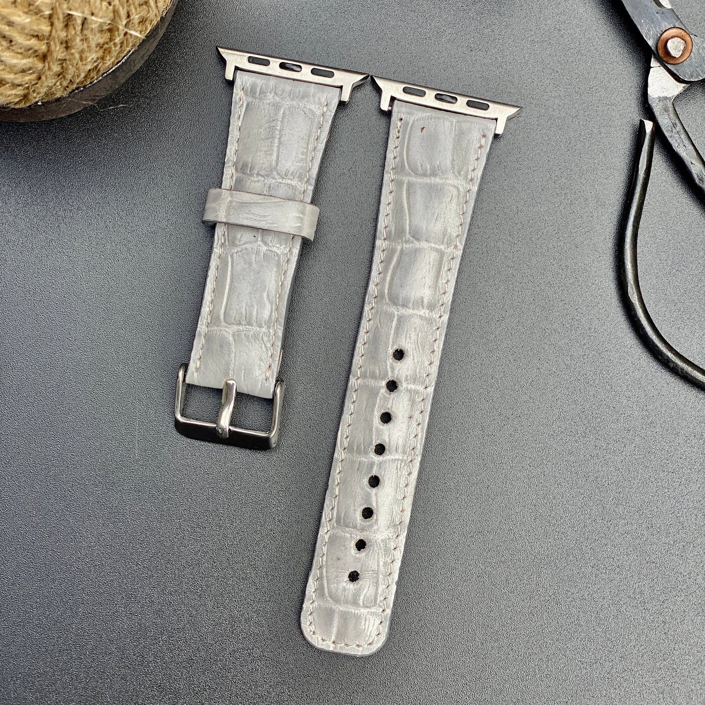 Croco Pattern White Genuine Leather Apple Watch Band 42mm, 38mm, 40mm, 44mm for Series 1-2-3-4-5-6 and SE