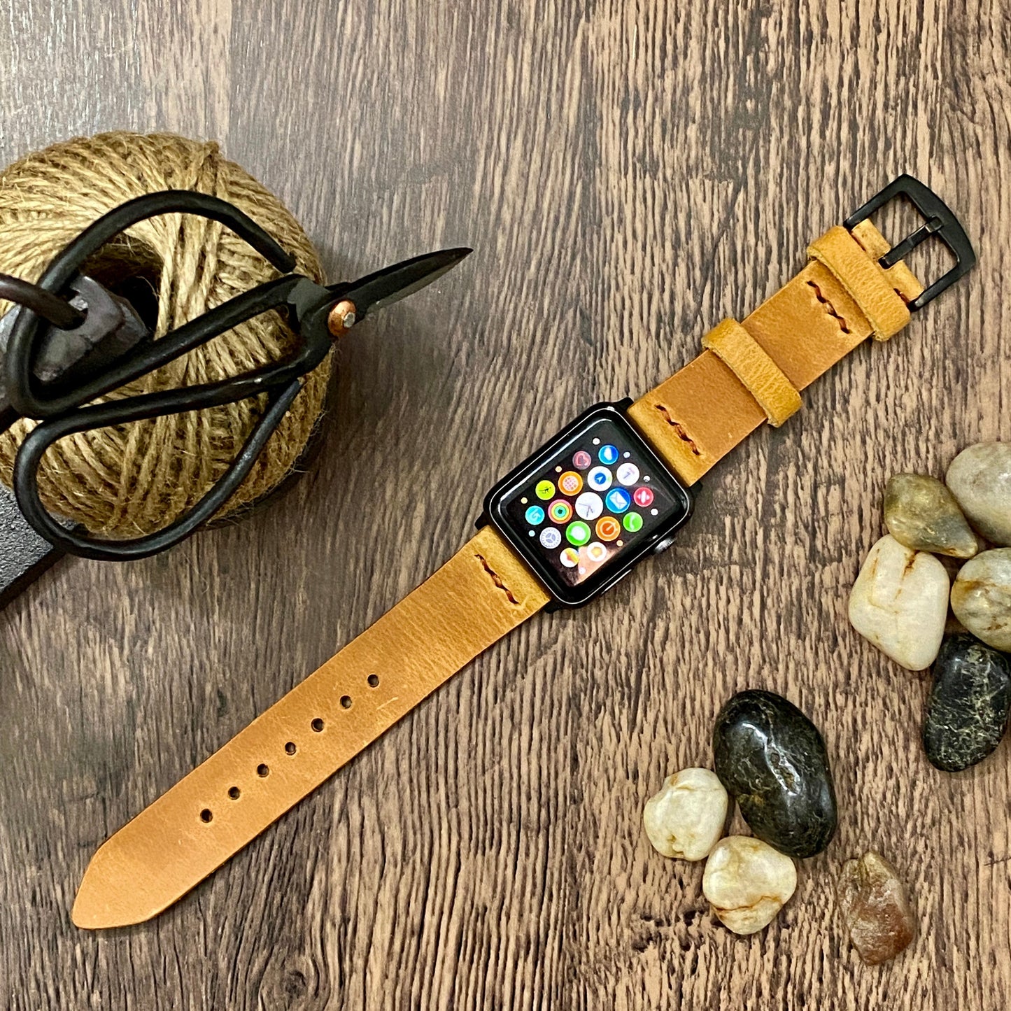Light Brown Genuine Leather Apple Watch Band, 100 % Hand Cut and Hand Stitched Apple Band 42mm, 38mm, 40mm, 44mm for Series 1-2-3-4-5-6