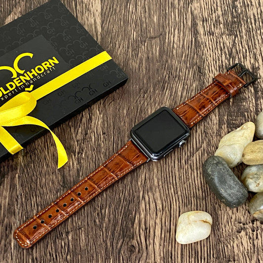 Brown Croco Pattern Leather Apple Watch band, 44 mm, 42 mm, 40 mm, 38 mm for series 1-6 Free Laser Engraving