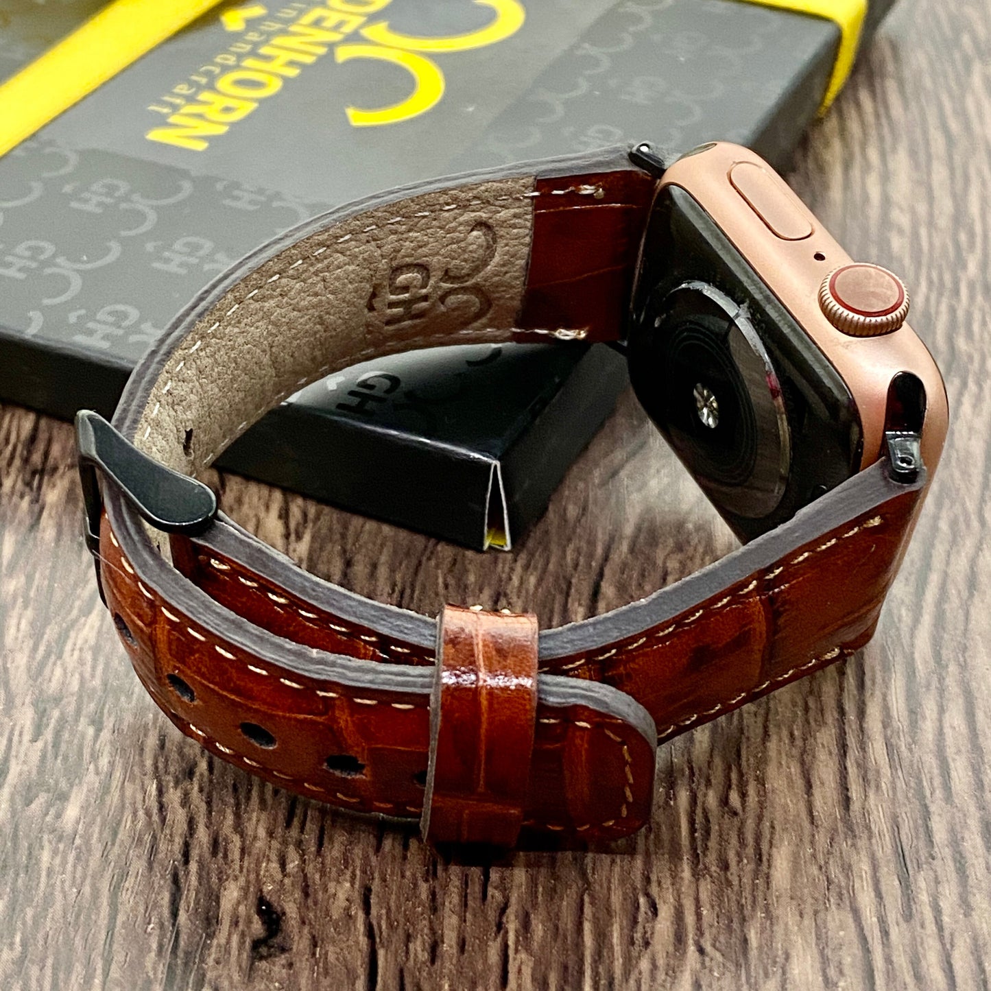 Brown Croco Pattern Leather Apple Watch band, 44 mm, 42 mm, 40 mm, 38 mm for series 1-6 Free Laser Engraving