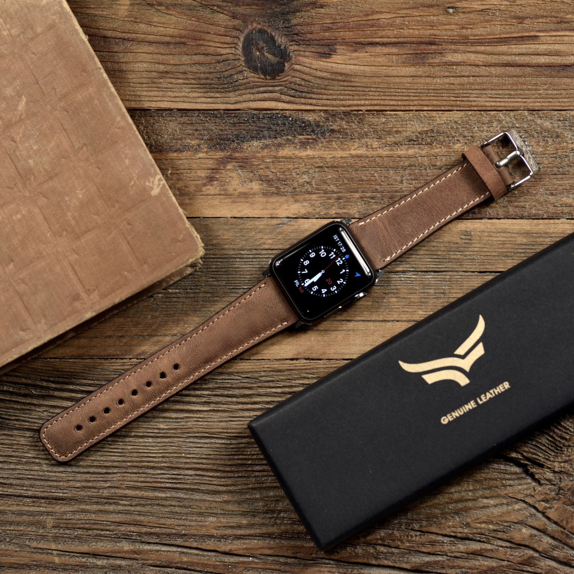 Custom Made Luxury L.V Brown Leather Apple Watch Band for Apple Watch Series 8 7 6 SE 5 4 3 2 1 Apple Watch Ultra 40mm Black | CeliniDesign