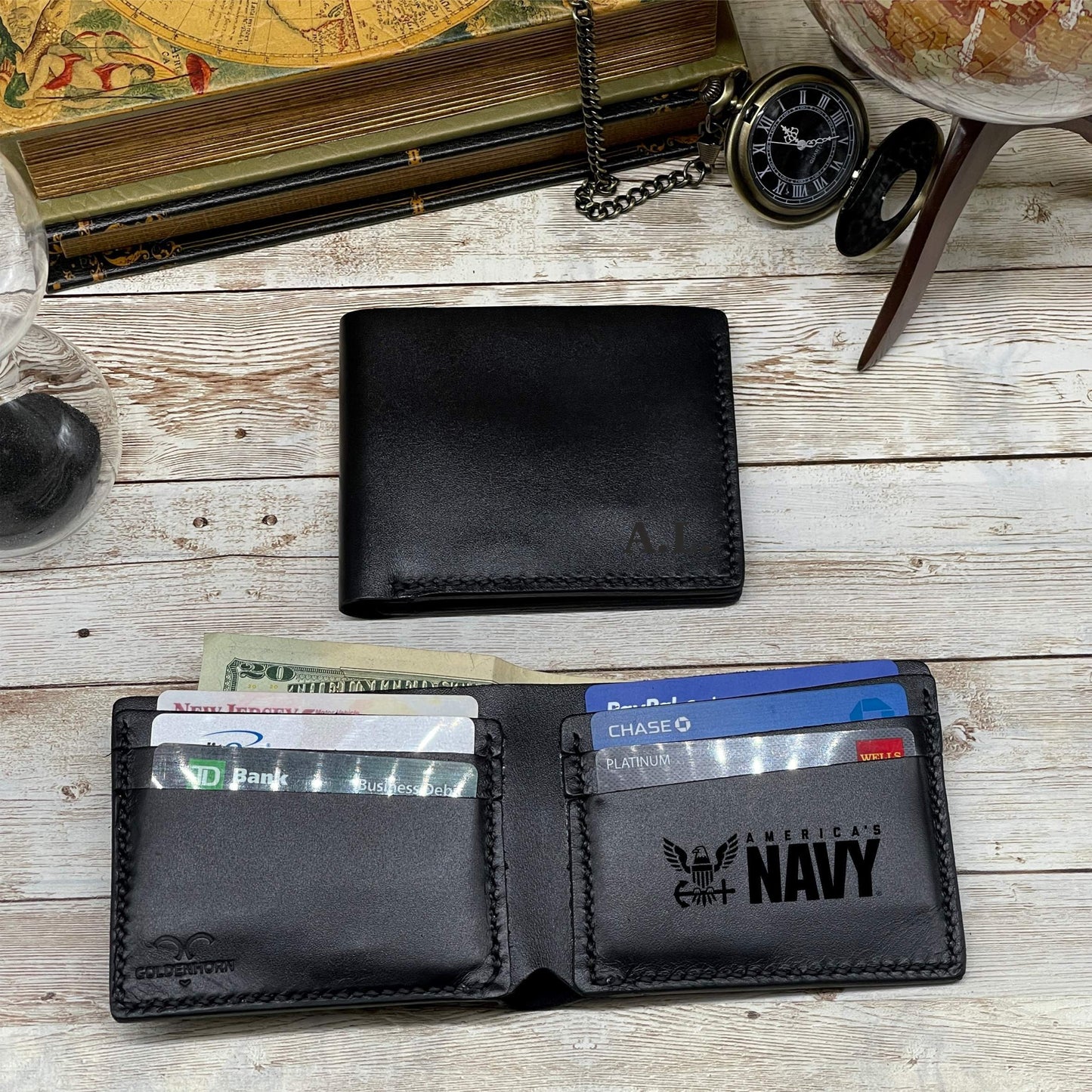 Black Leather Wallet Personalized for Him, Engraved Wallet for Anniversary Gift, Boy Friend Gift Custom Wallet