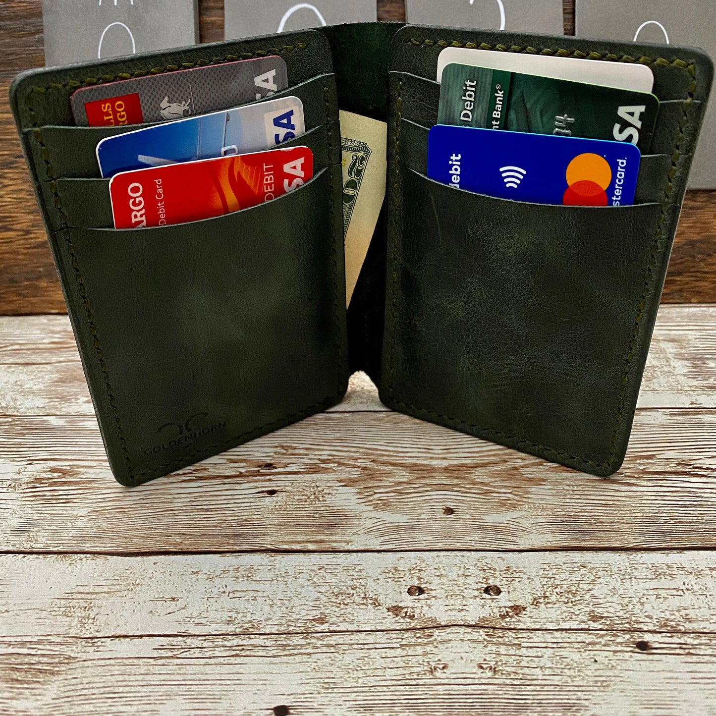 Customized Green Leather Wallet Made From Full-Grain Leather for Anniversary Birthday or Fathers Day Gift For Him