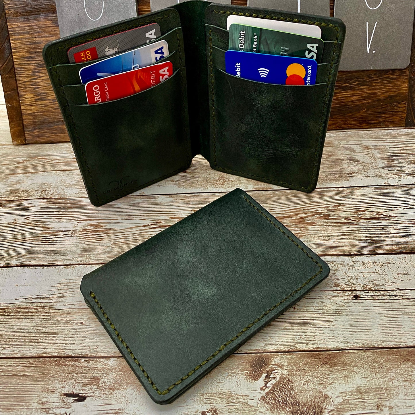 Customized Green Leather Wallet Made From Full-Grain Leather for Anniversary Birthday or Fathers Day Gift For Him
