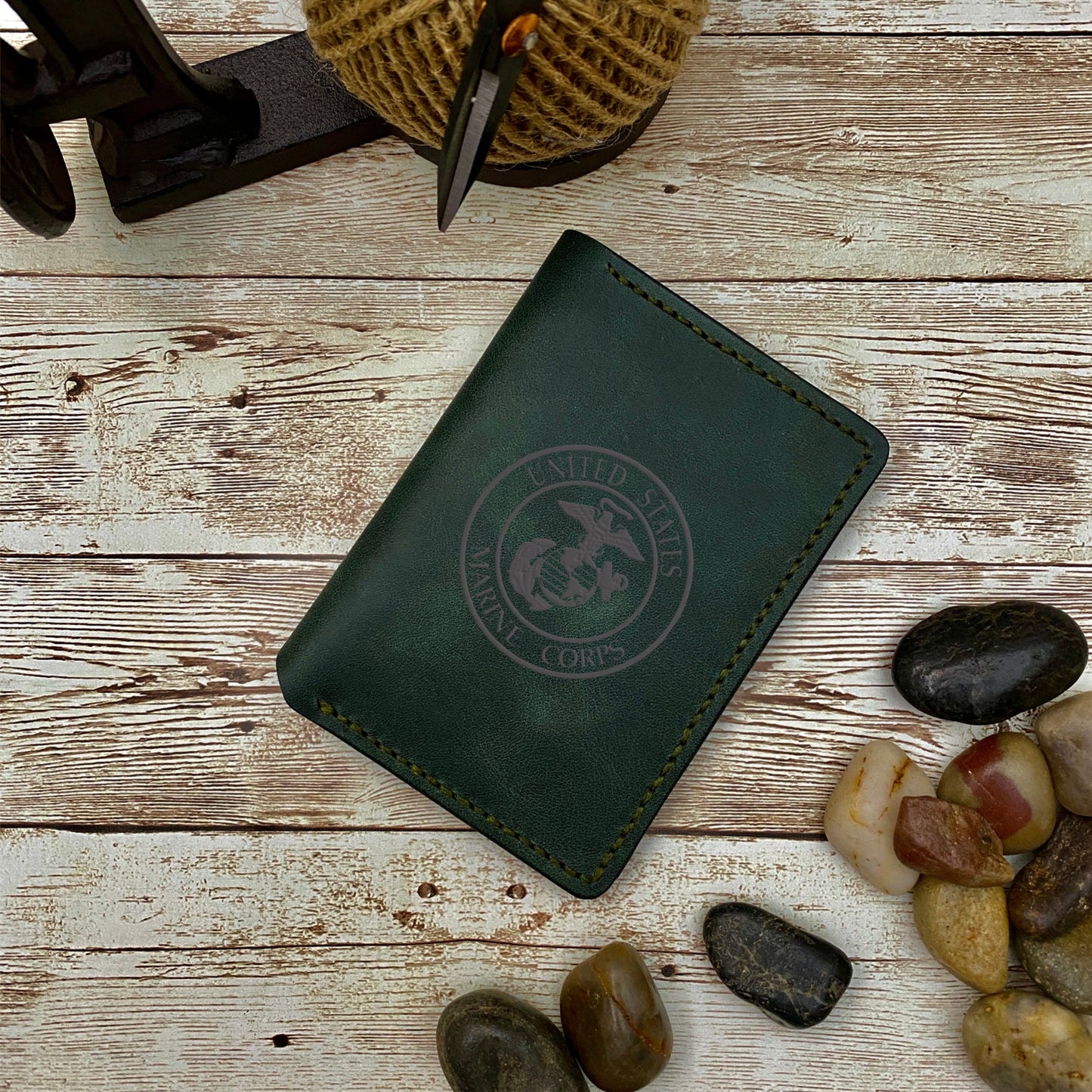 Customized Green Leather Wallet Made From Full-Grain Leather for Anniversary Birthday or Fathers Day Gift For Him