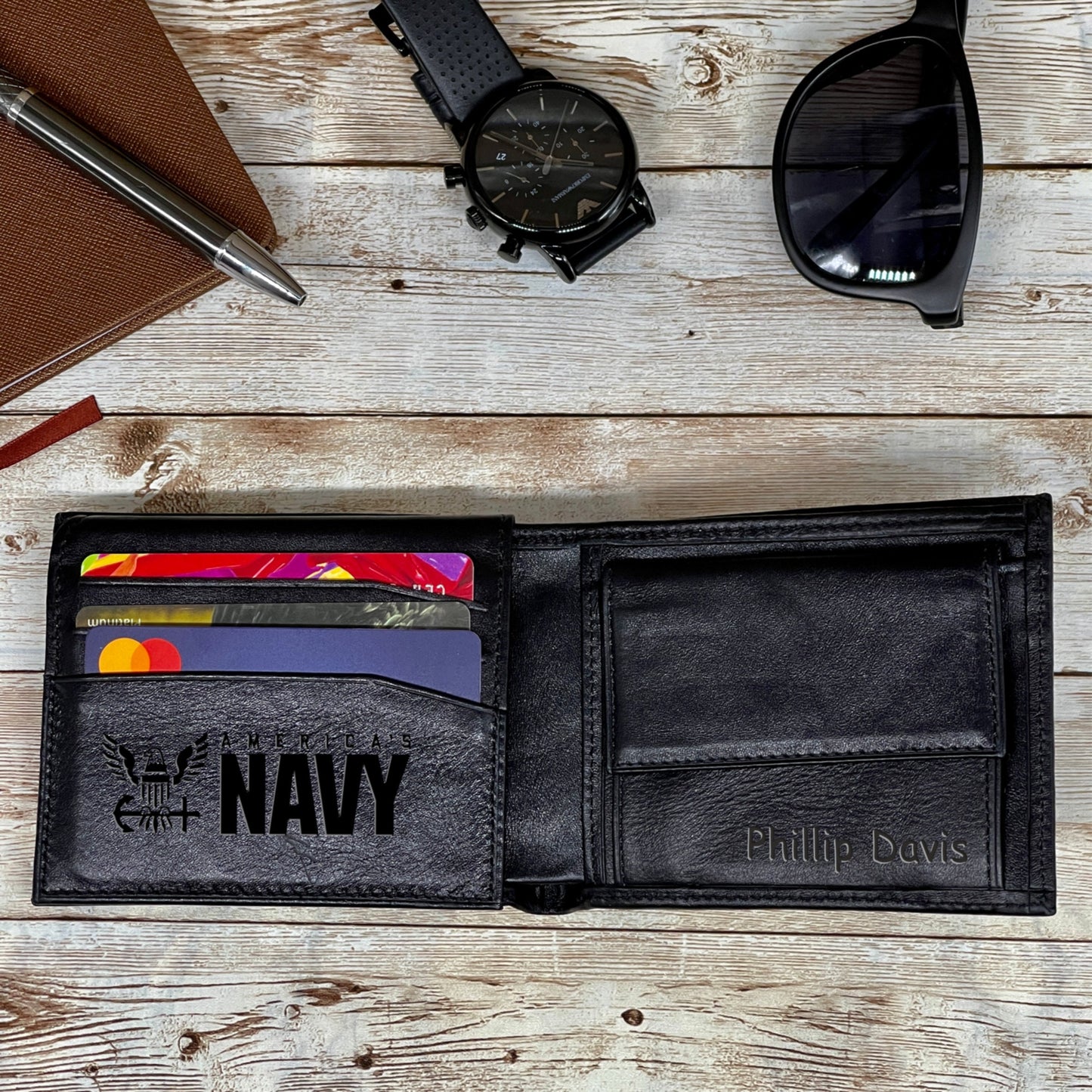 Personalized Black Leather Wallet for Him, Full-Grain Leather Wallet Customized for Father's Day, Personalized Gift for Boy Friend