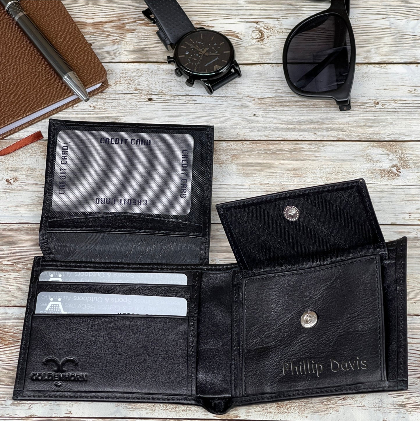Black Leather Wallet Personalized for Him, Full-Grain Leather Wallet Customized for Father's Day, Personalized Gift for Boy Friend