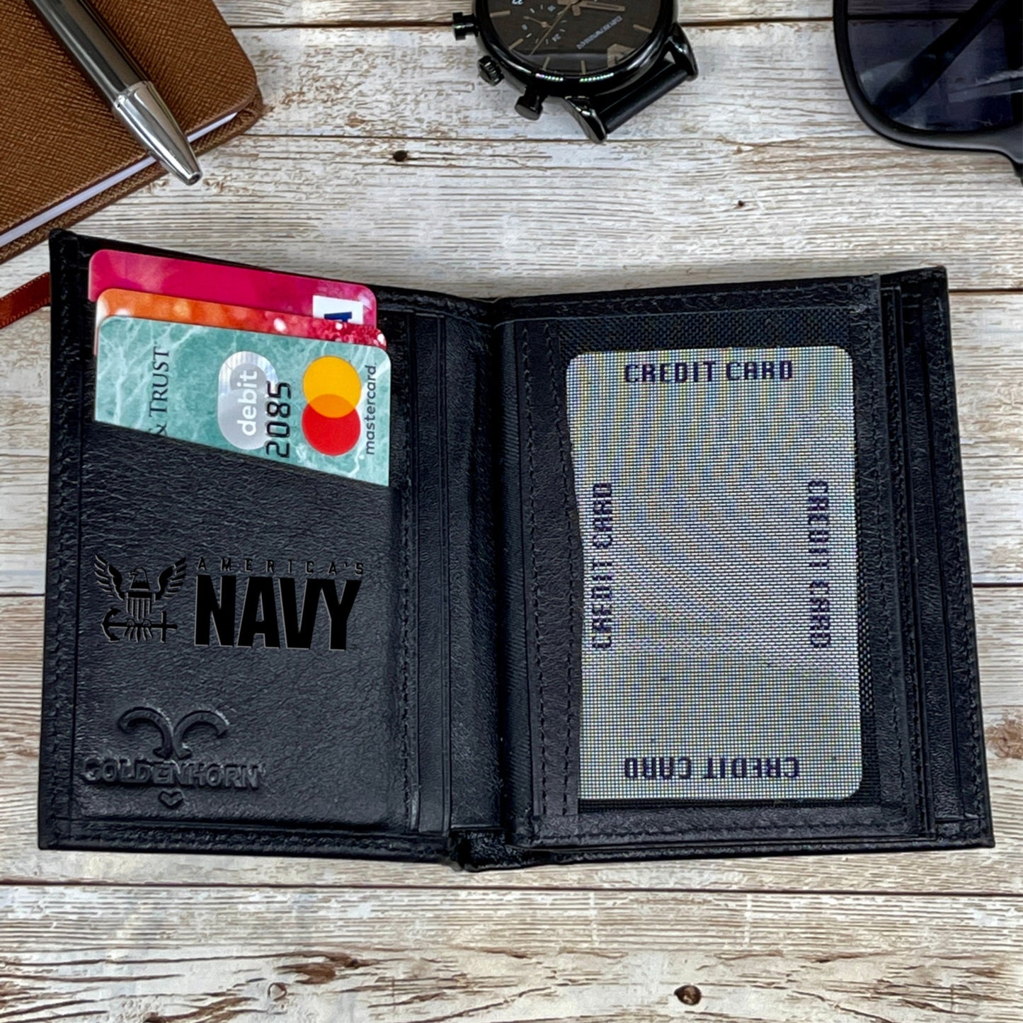 Custom Leather Wallet Made From Full-Grain Leather with 14 Credit Card Spots 2 Id Spots and 2 Cash and Receipt Slots in Black Brown and Dark