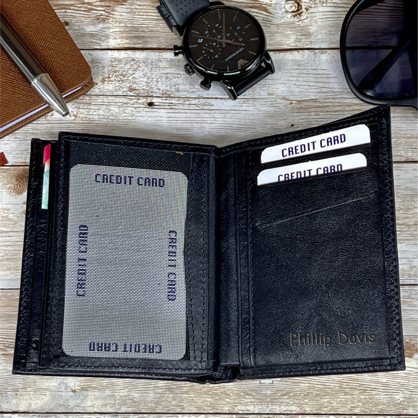 Custom Leather Wallet Made From Full-Grain Leather with 14 Credit Card Spots 2 Id Spots and 2 Cash and Receipt Slots in Black Brown and Dark
