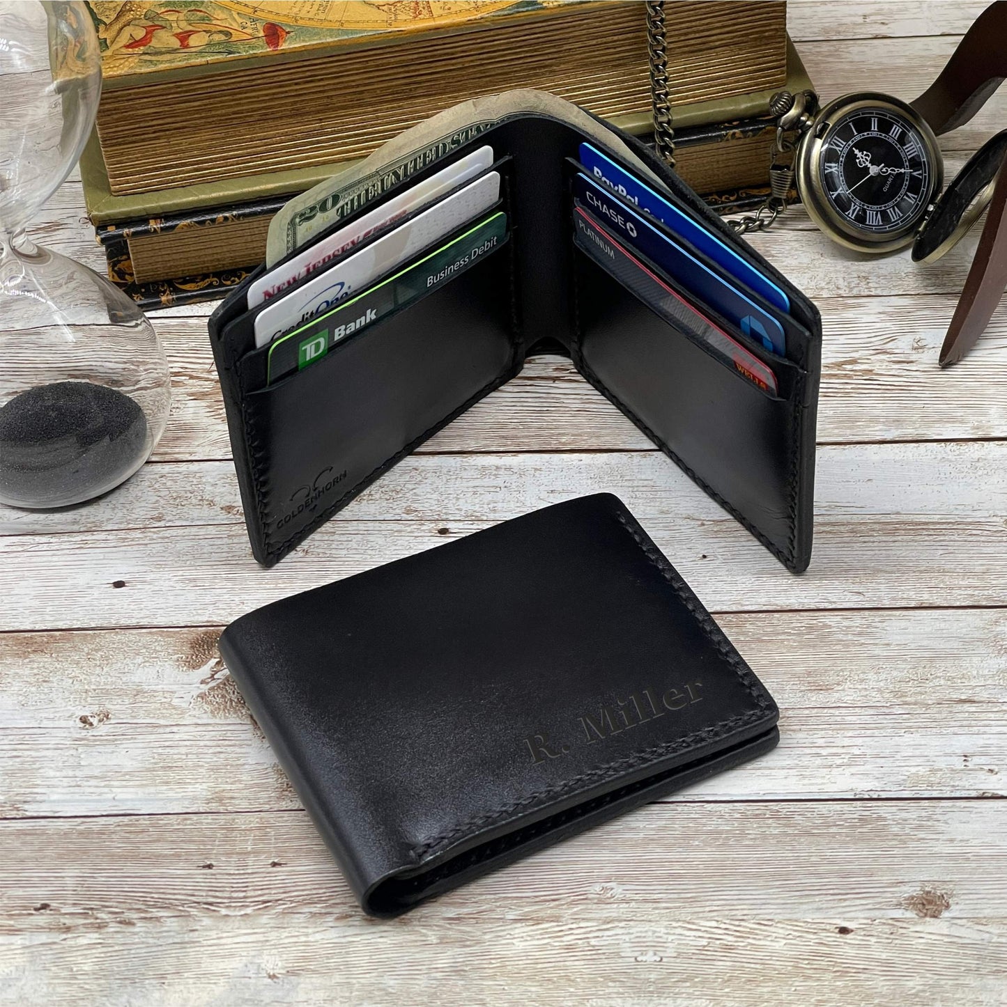 Black Leather Wallet Personalized for Him, Engraved Wallet for Anniversary Gift, Boy Friend Gift Custom Wallet