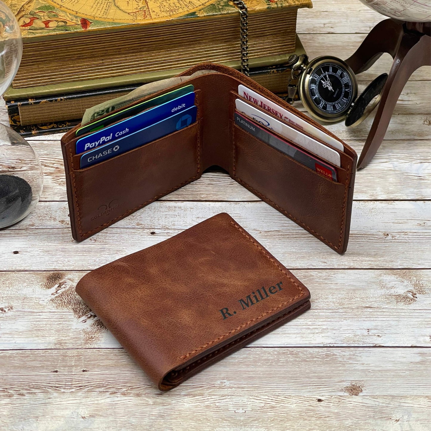 Brown Leather Wallet l Custom Cowhide Leather Wallet l Anniversary Gift for Him Personalized Mens Full Grain Leather Wallet
