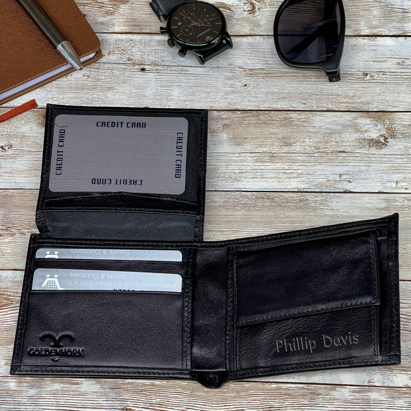 Personalized Black Leather Wallet for Him, Full-Grain Leather Wallet Customized for Father's Day, Personalized Gift for Boy Friend