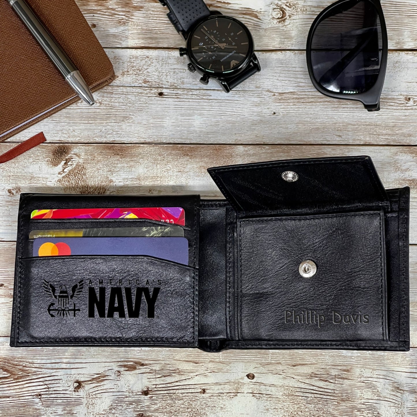 Personalized Black Leather Wallet for Him, Full-Grain Leather Wallet Customized for Father's Day, Personalized Gift for Boy Friend
