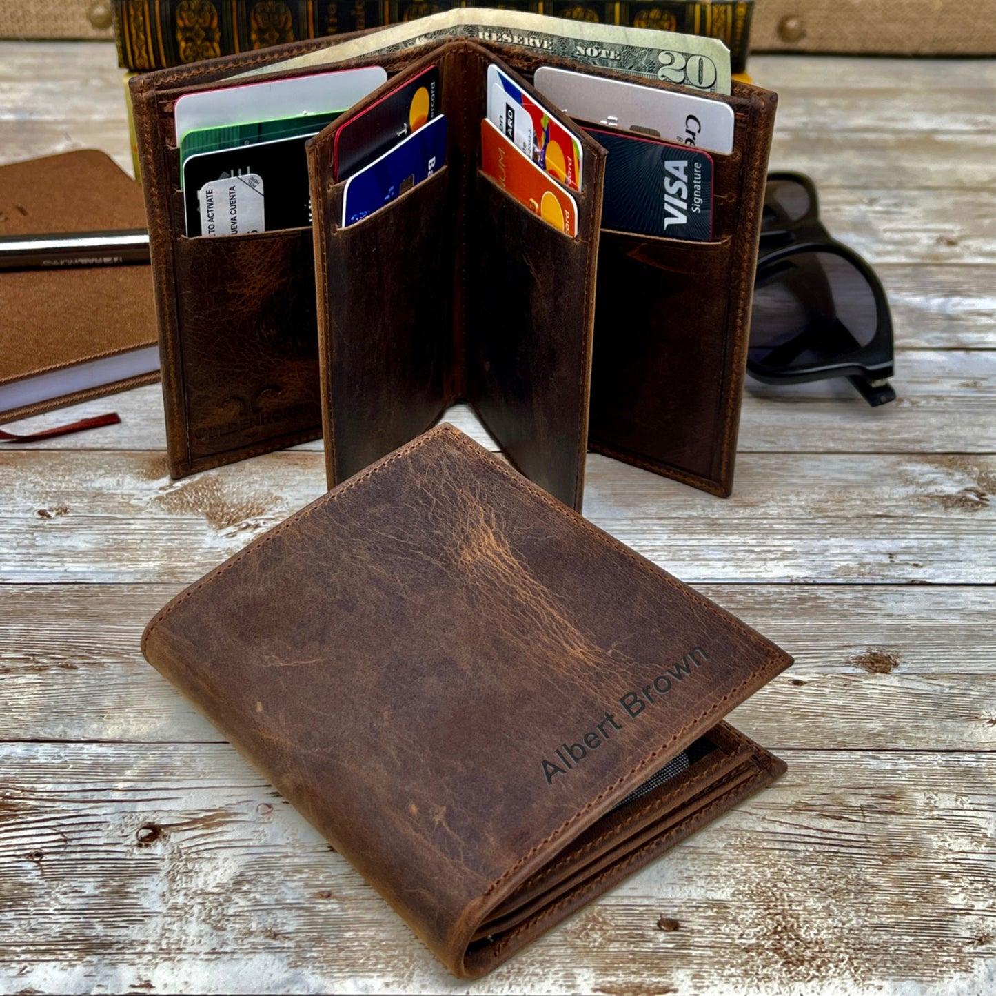 Leather Wallet for Men | Personalized Wallet | Groomsmen Gift | Engraved Wallet | Fathers Day Gift - Dark Brown Leather with 14 Credit Card