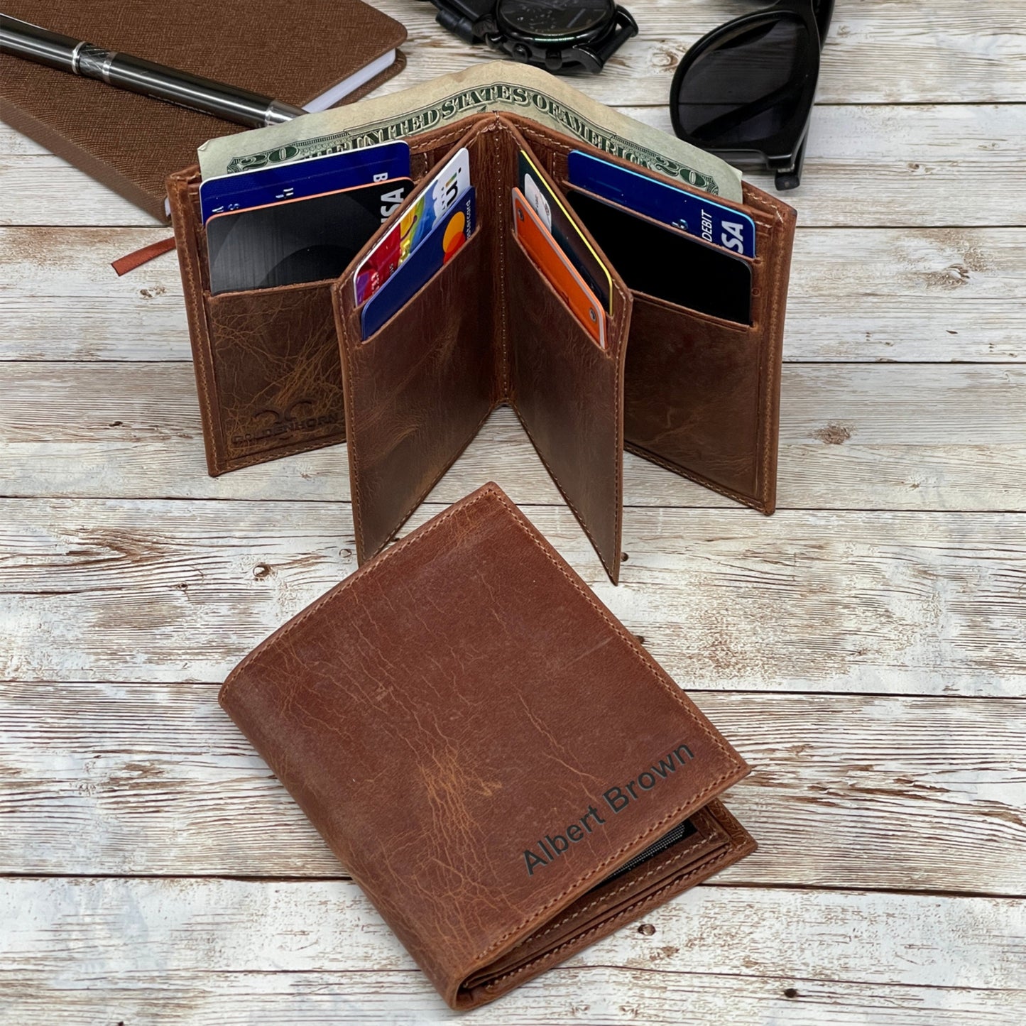 Personalized Leather Wallet Made From Full-Grain Leather with 14 Credit Card Spots 2 Id Spots and 2 Cash and Receipt Slots in Three Colors