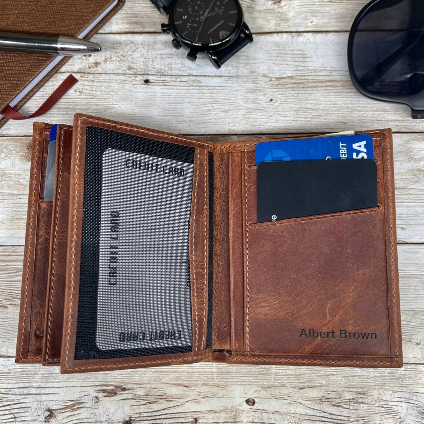 Personalized Leather Wallet Made From Full-Grain Leather with 14 Credit Card Spots 2 Id Spots and 2 Cash and Receipt Slots in Three Colors