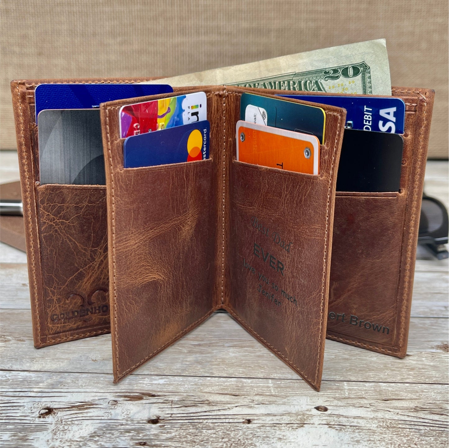 Personalized Leather Wallet Made From Full-Grain Leather with 14 Credit Card Spots 2 Id Spots and 2 Cash and Receipt Slots in Three Colors