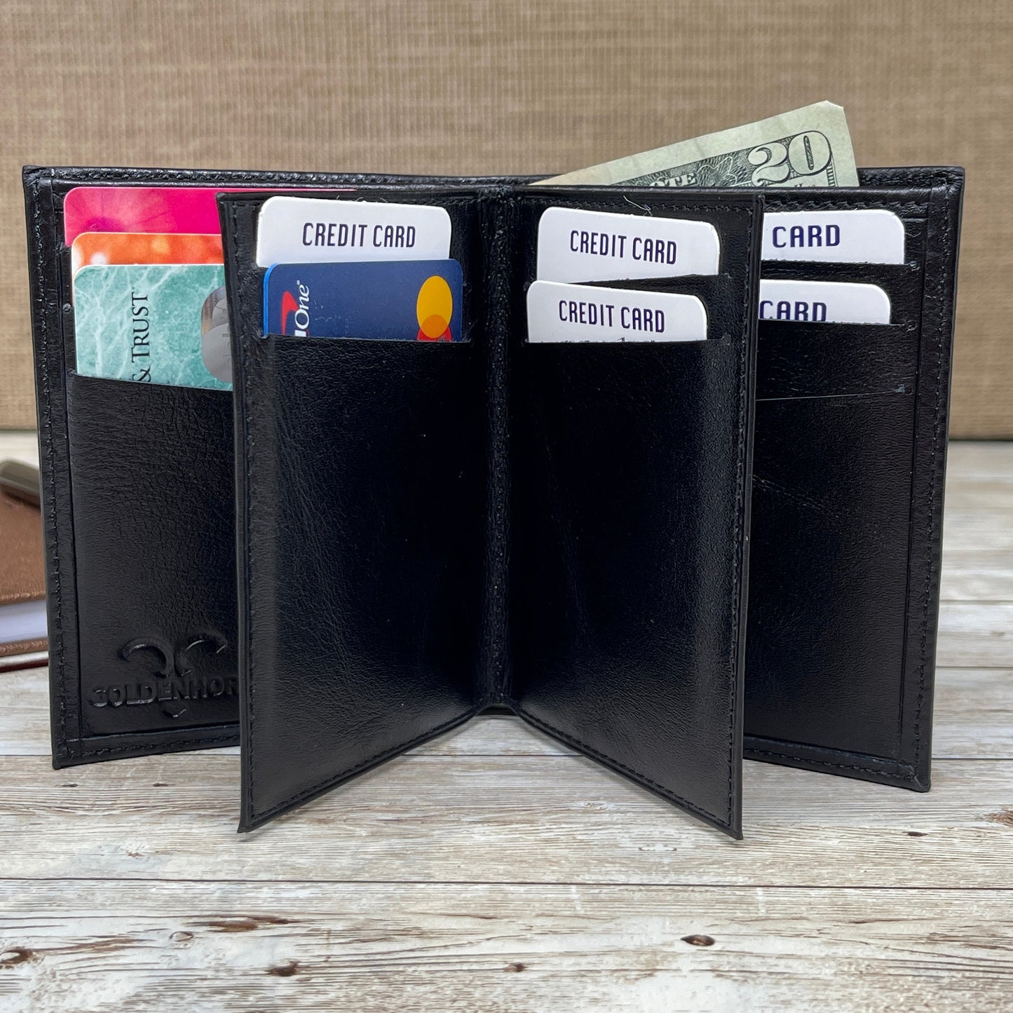 Custom Leather Wallet Made From Full-Grain Leather with 14 Credit Card Spots 2 Id Spots and 2 Cash and Receipt Slots in Black Brown and Dark