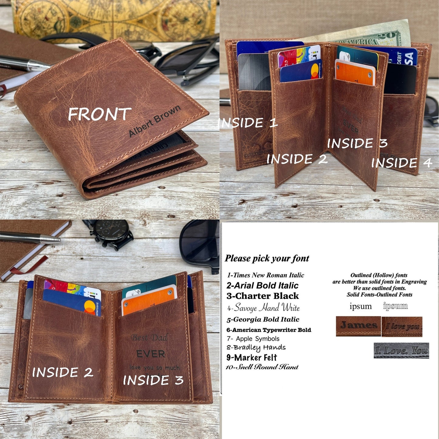 Custom Leather Wallet Made From Full-Grain Leather with 14 Credit Card Spots 2 Id Spots and 2 Cash and Receipt Slots in Black Brown and Dark