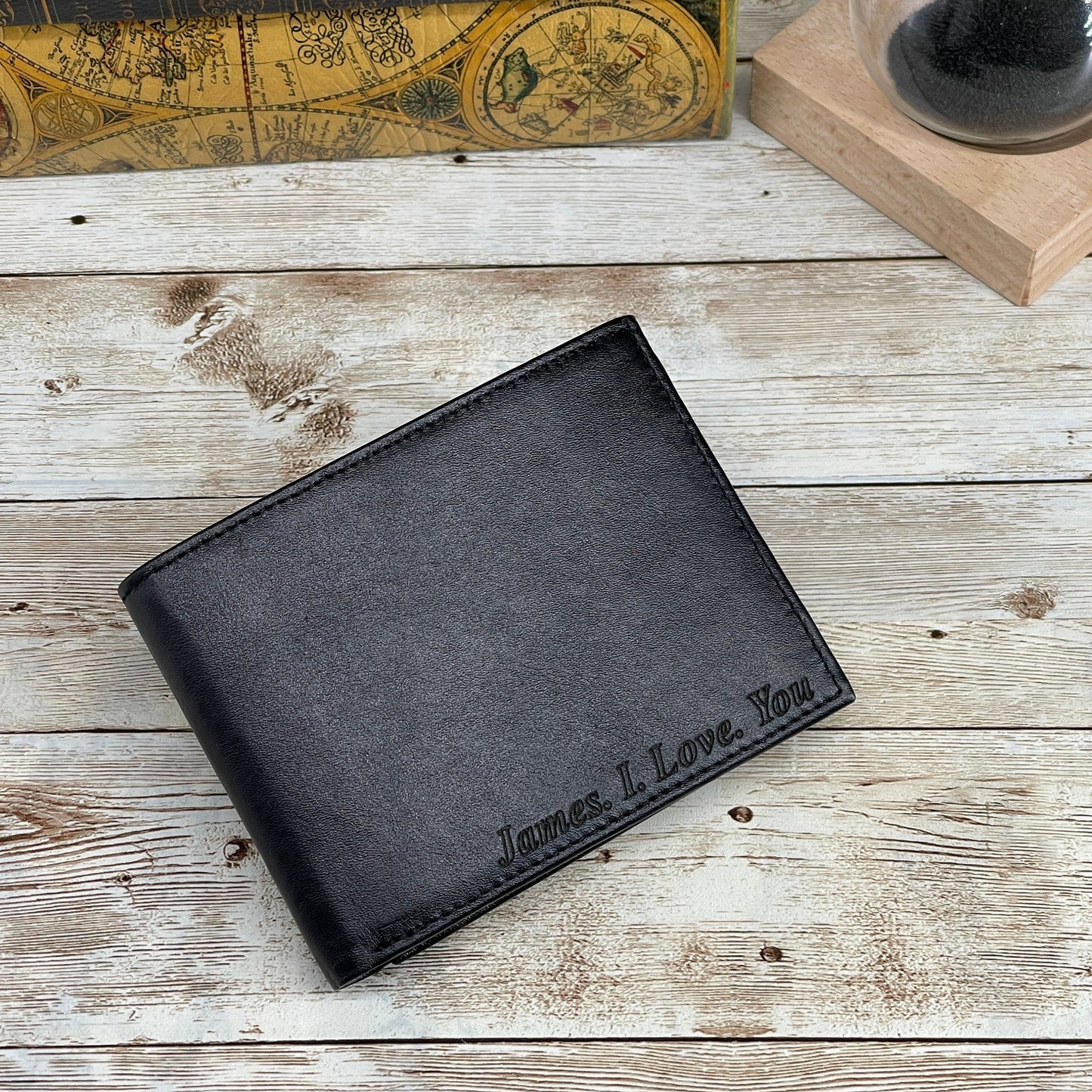 Black Leather Wallet Personalized for Him, Full-Grain Leather Wallet Customized for Father's Day, Personalized Gift for Boy Friend