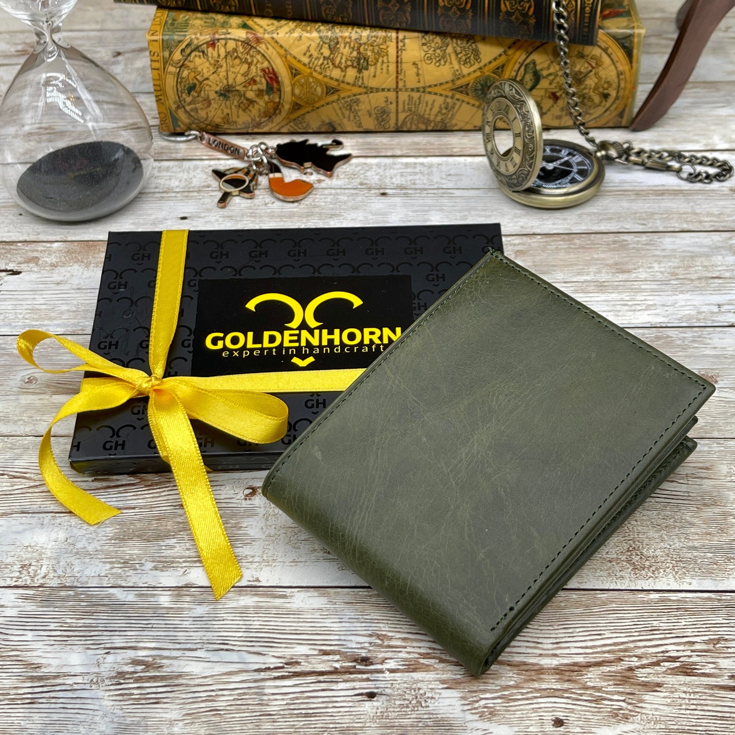 Green Leather Wallet made from Full-Grain Leather Card and Cash Holder Customized for Anniversary Gift