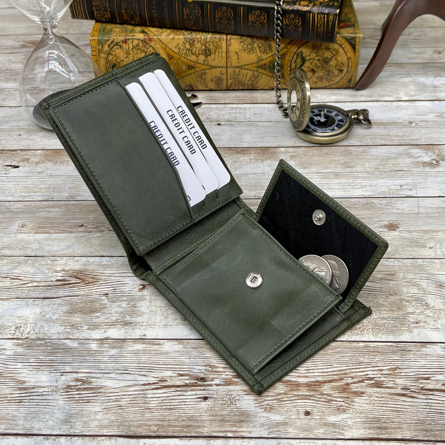 Green Leather Wallet made from Genuine Leather Card, Cash and Coin Holder Customized for Anniversary Gift
