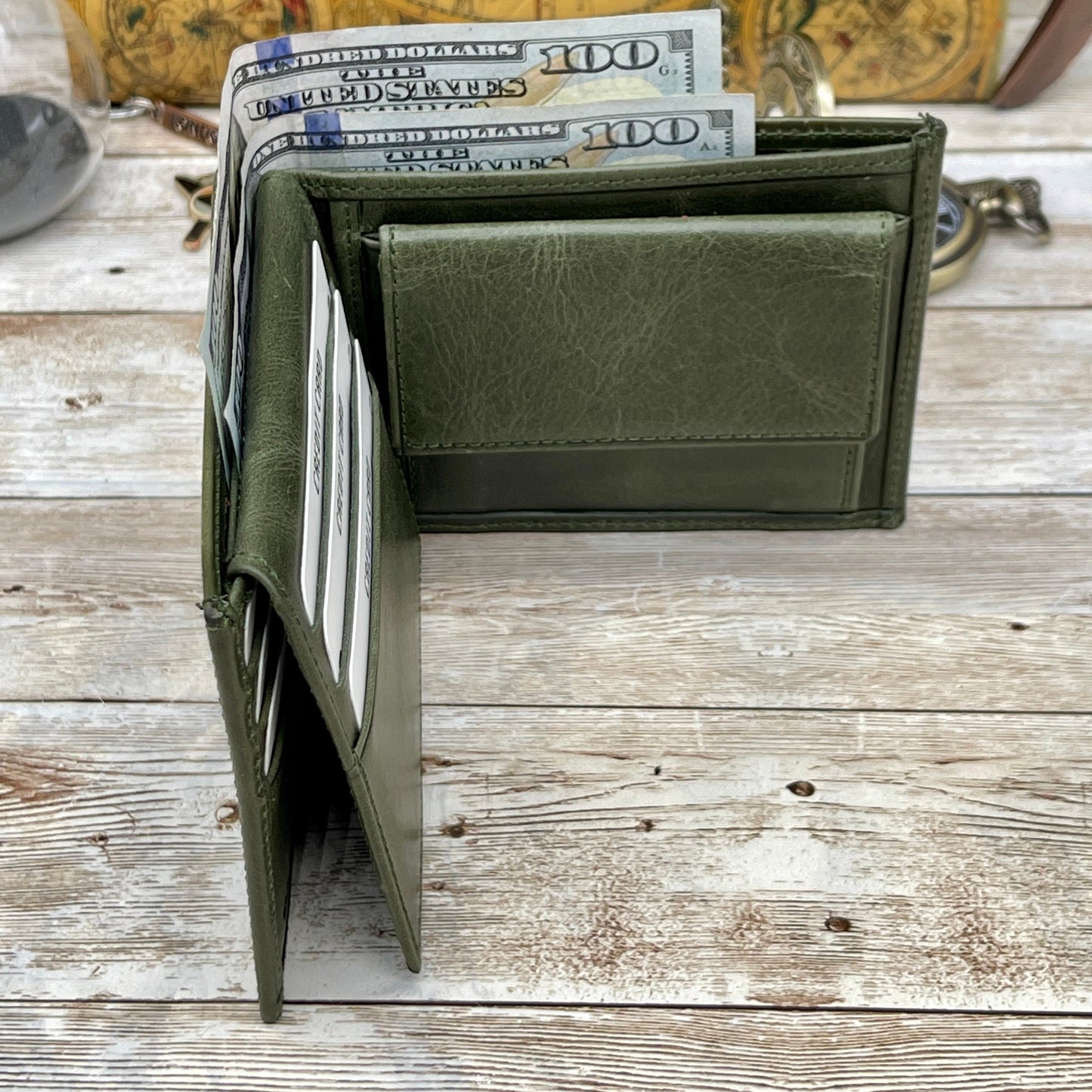 Green Leather Wallet made from Genuine Leather Card, Cash and Coin Holder Customized for Anniversary Gift