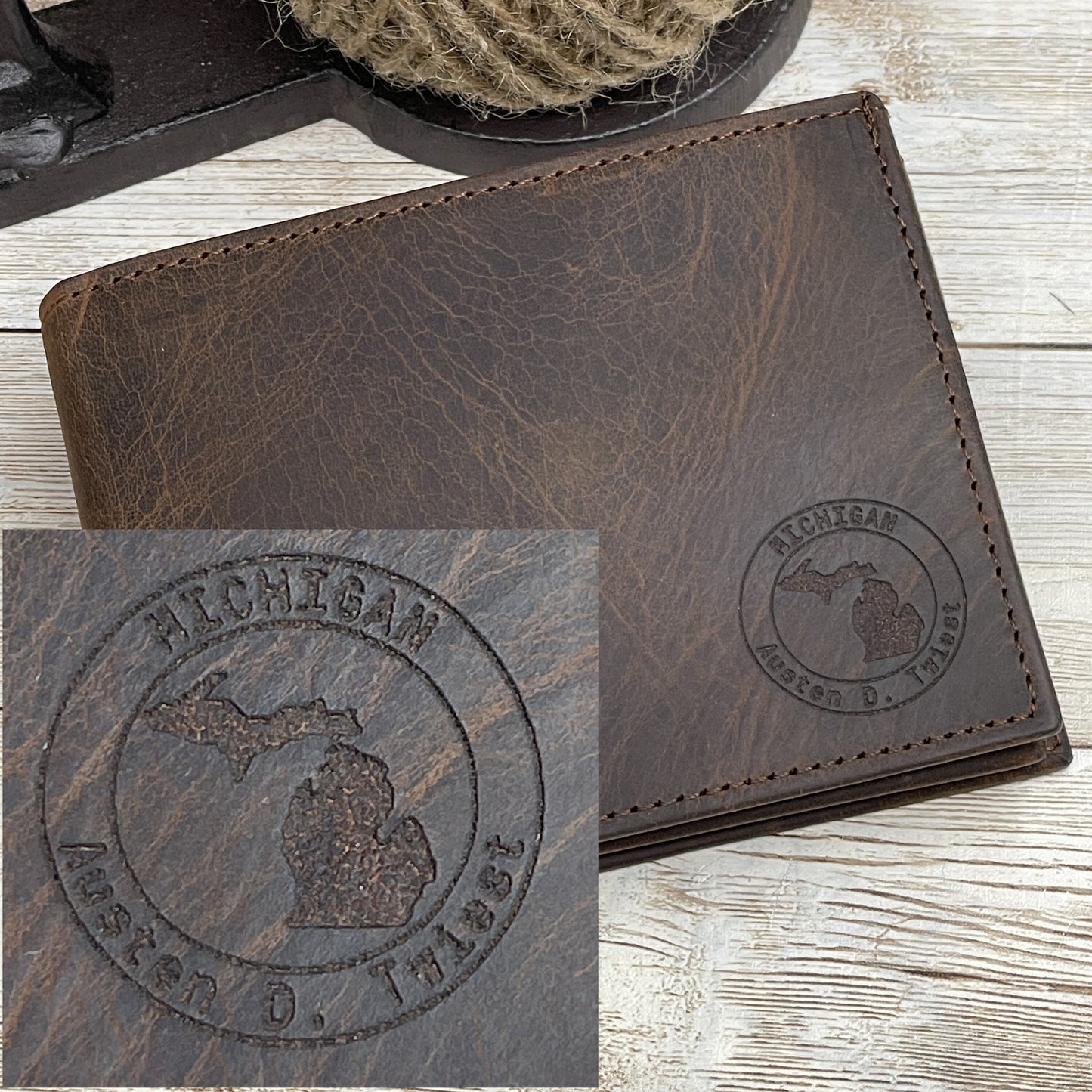 Logo - State Map Engraved Leather Wallet with Coin Pocket Cash Slots and Slot with Window for Driver License | Customized Leather Wallet