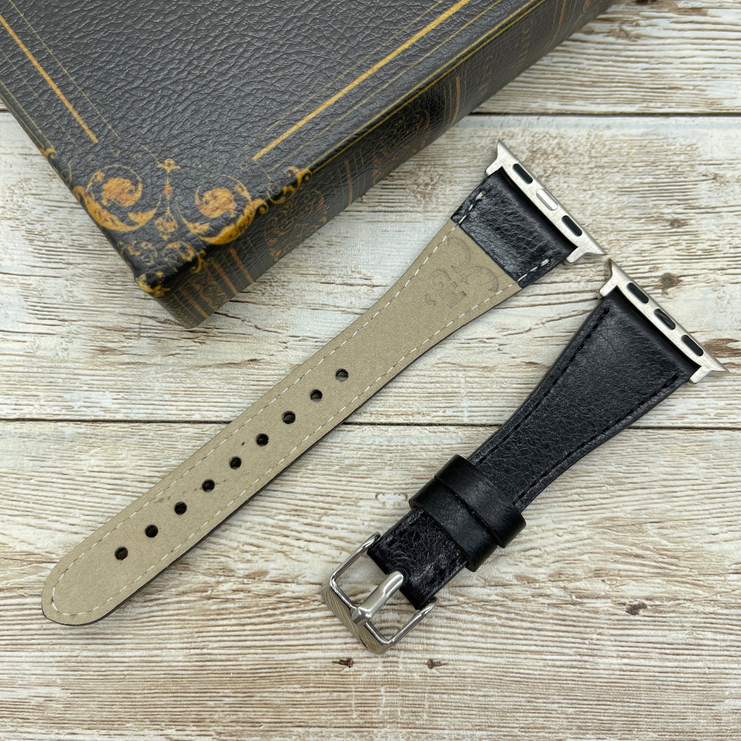 Genuine Black Leather Slim Apple Watch band, 42mm, 38mm, 40mm, 44mm for series 1-2-3-4-5-6-7&SE Free Laser Engraving, Black Slim Watch Band