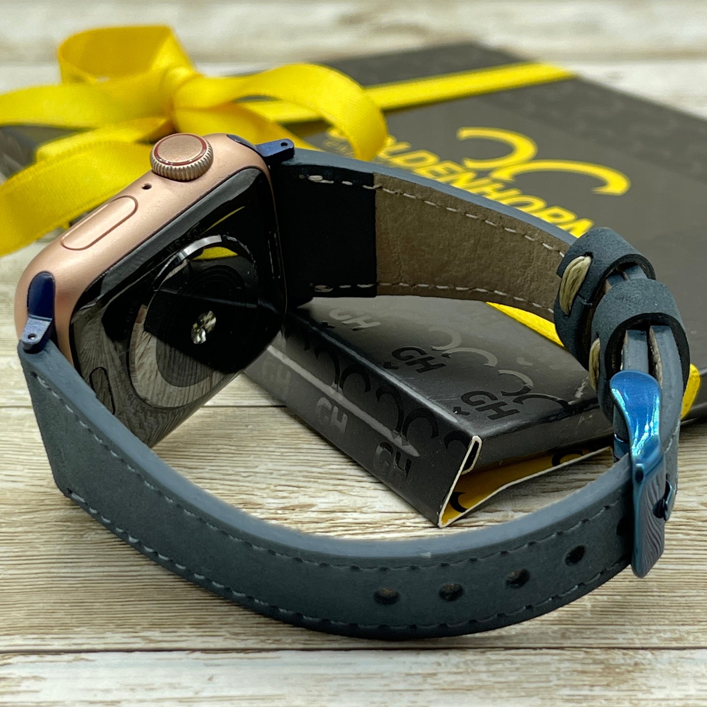 Navy Blue Slim Apple Watch Band, Brown Leather Apple Watch band, 42mm, 38mm, 40mm, 44mm for series 1-2-3-4-5-6-7&SE Free Laser Engraving,