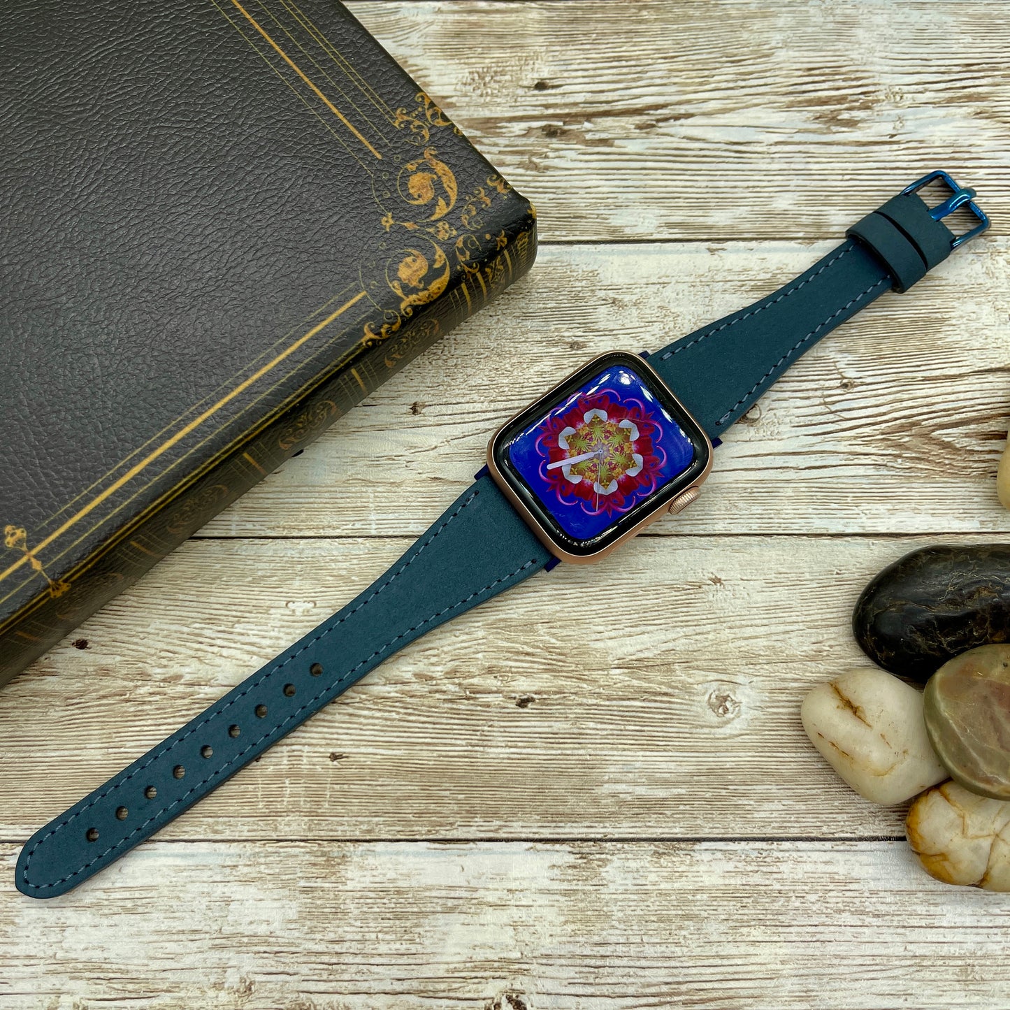 Navy Blue Slim Apple Watch Band, Brown Leather Apple Watch band, 42mm, 38mm, 40mm, 44mm for series 1-2-3-4-5-6-7&SE Free Laser Engraving,