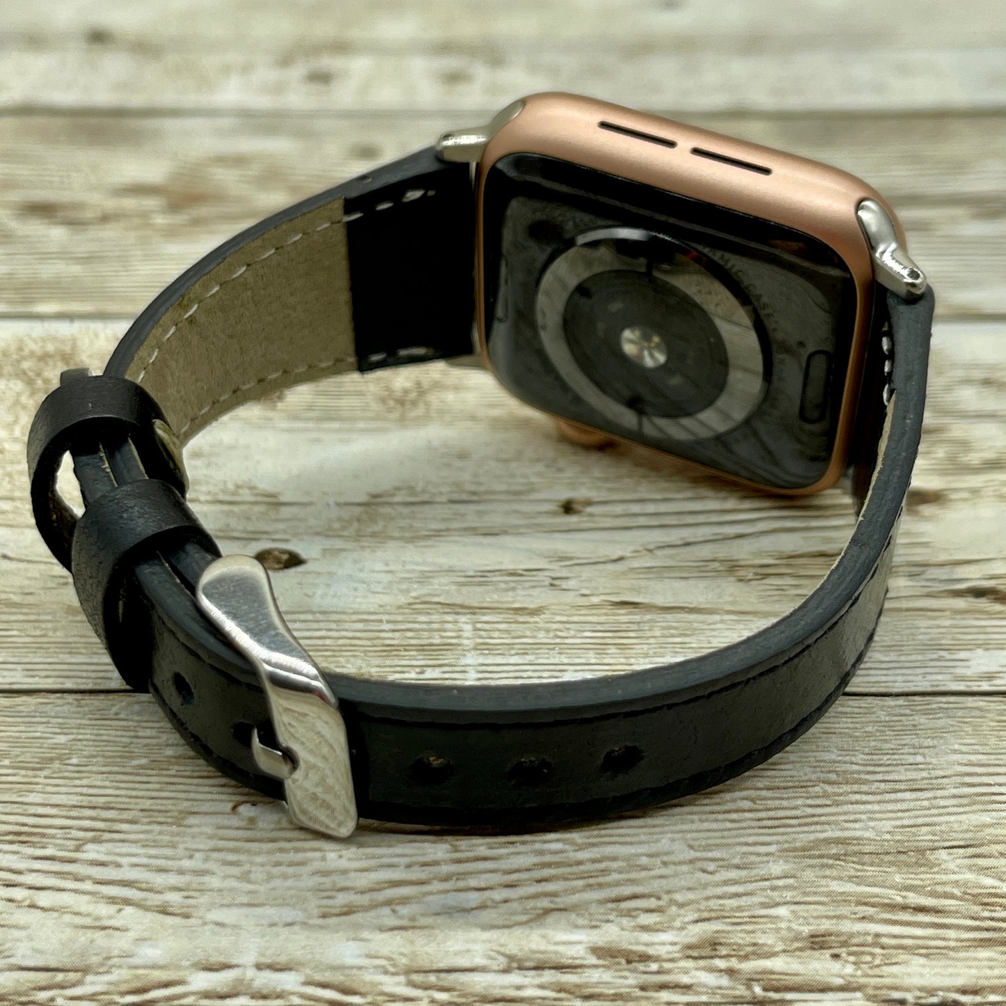 Genuine Black Leather Slim Apple Watch band, 42mm, 38mm, 40mm, 44mm for series 1-2-3-4-5-6-7&SE Free Laser Engraving, Black Slim Watch Band