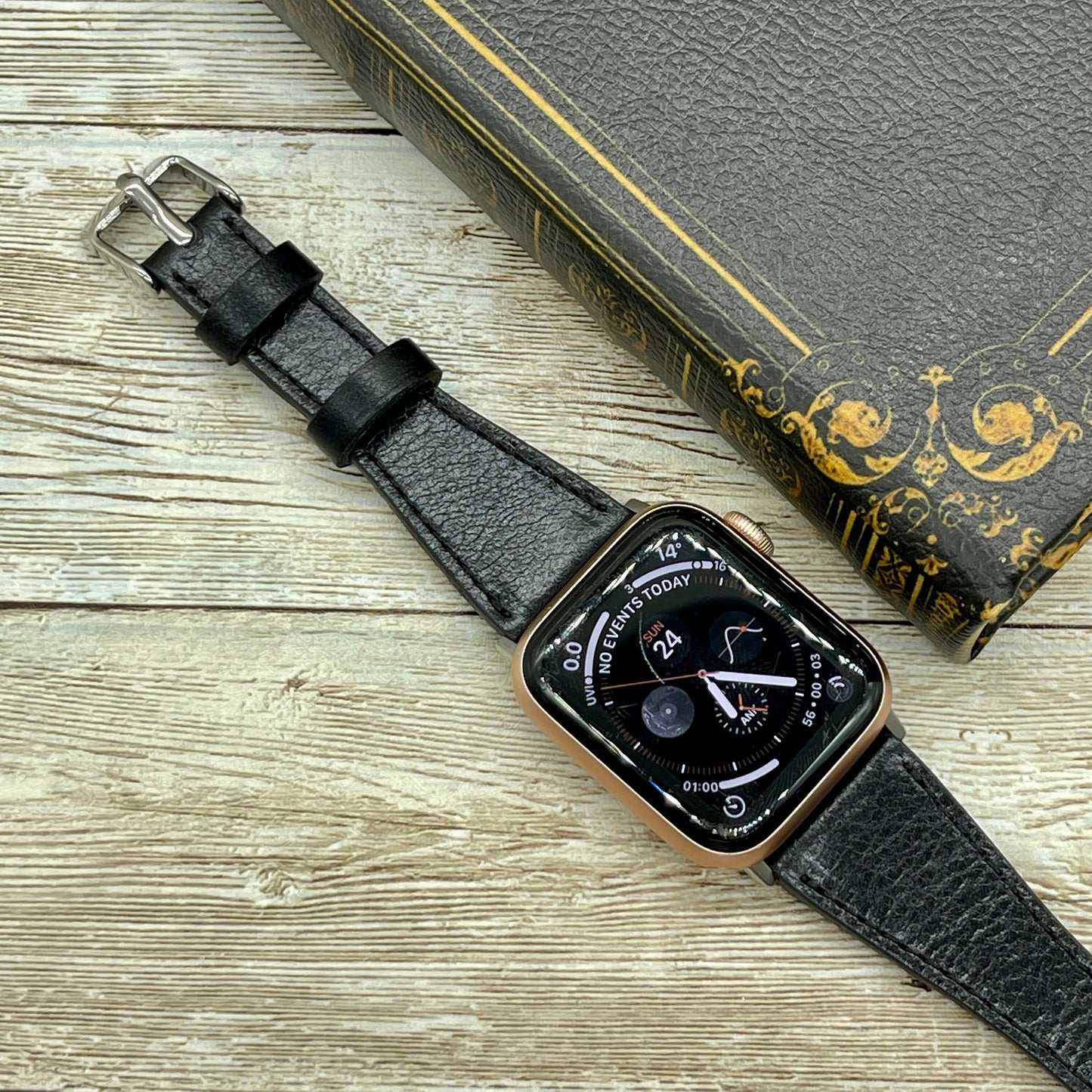 Genuine Black Leather Slim Apple Watch band, 42mm, 38mm, 40mm, 44mm for series 1-2-3-4-5-6-7&SE Free Laser Engraving, Black Slim Watch Band