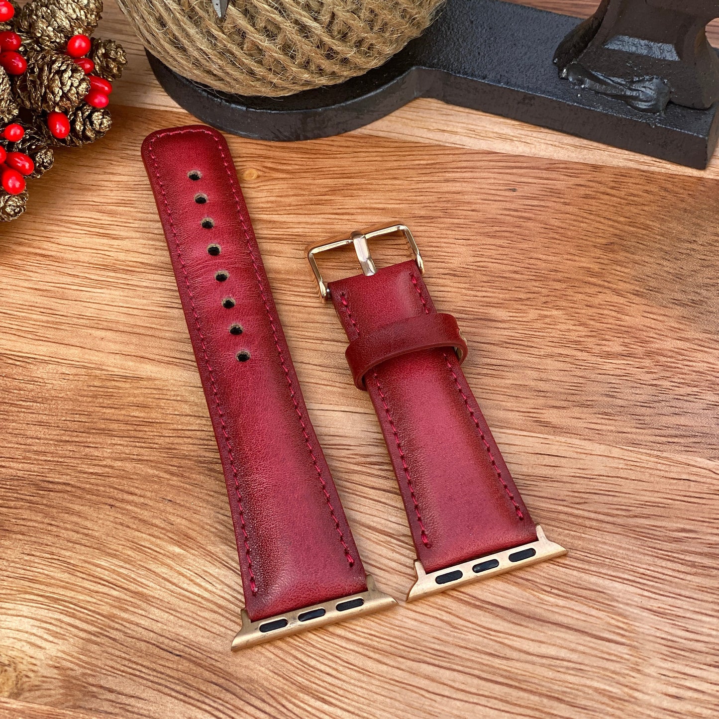 Red Genuine Leather Apple Watch Band 42mm, 38mm, 40mm, 44mm for Series 1-2-3-4-5-6, Red Band for iWatch Series 6-5-4-3-2-1