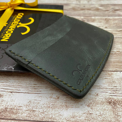 Personalized leather card holder, Green Leather credit card wallet for men and women, Minimalist credit card holder