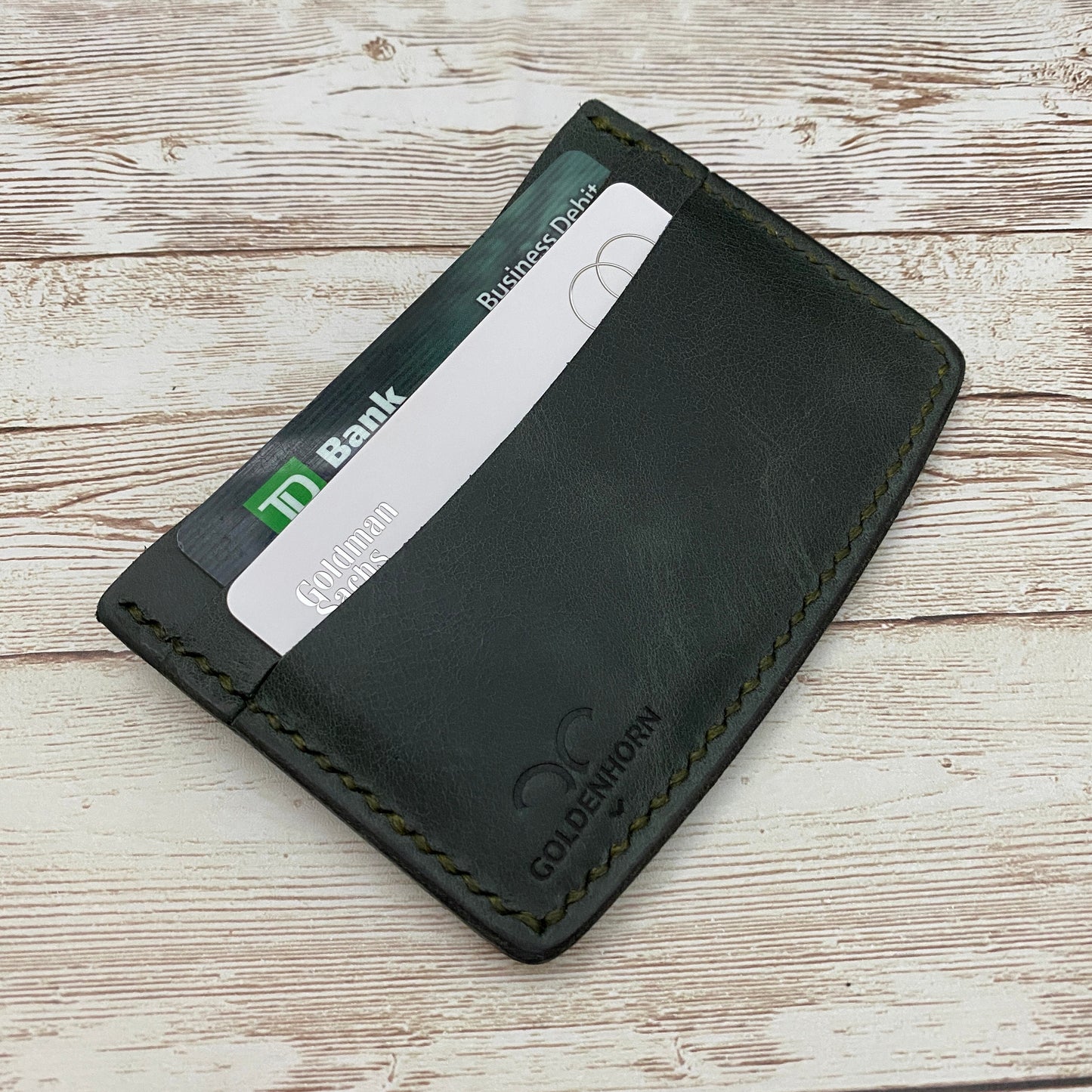 Personalized leather card holder, Green Leather credit card wallet for men and women, Minimalist credit card holder