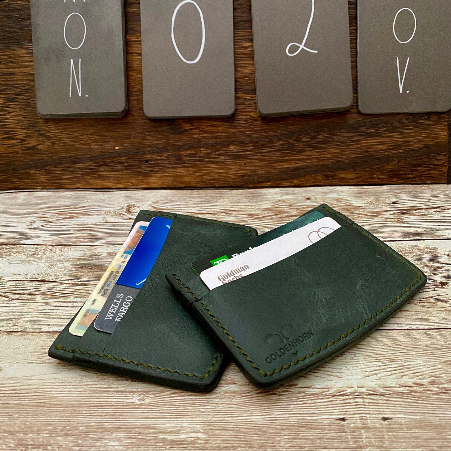 Personalized leather card holder, Green Leather credit card wallet for men and women, Minimalist credit card holder